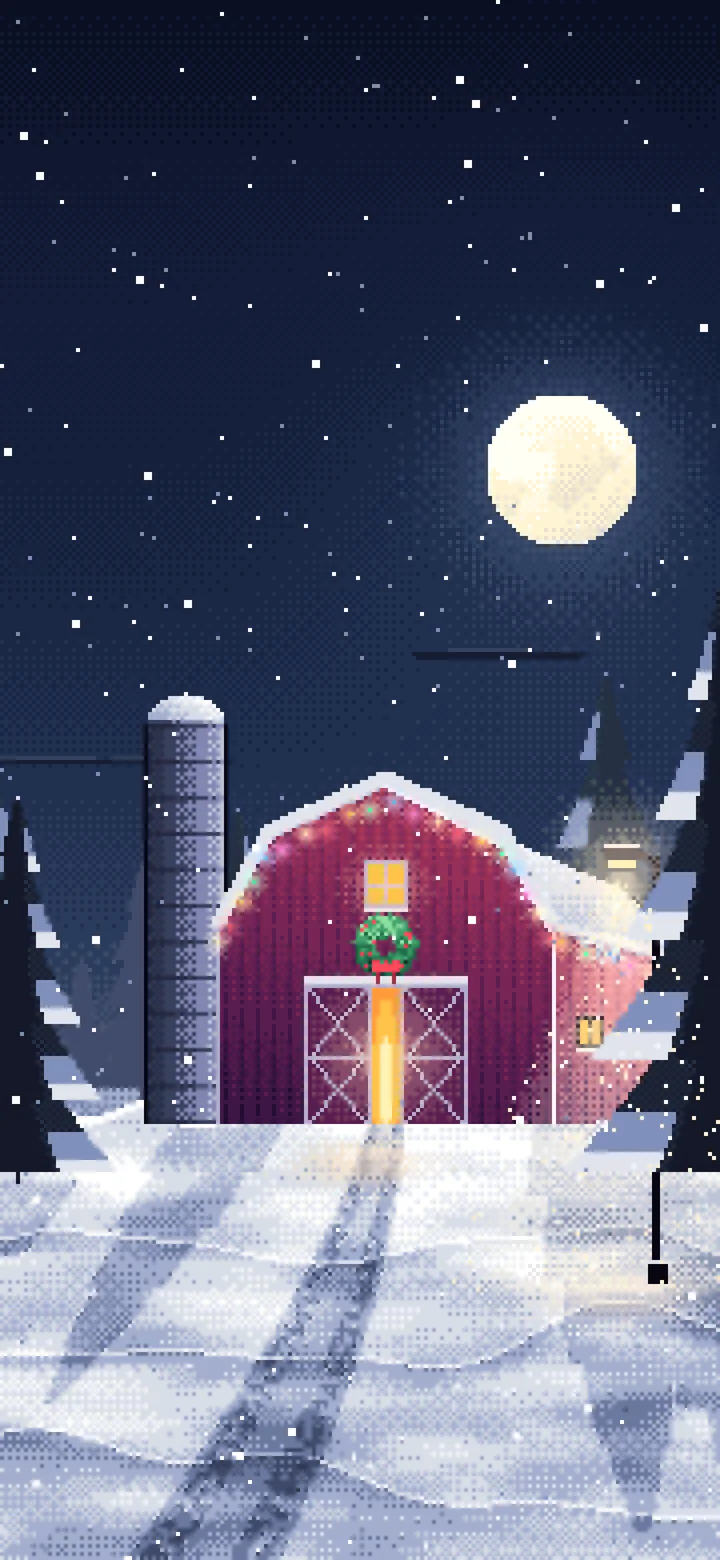 Navy Pixel Art Snowy Barn with Christmas Lights wallpaper for iPhone and Android