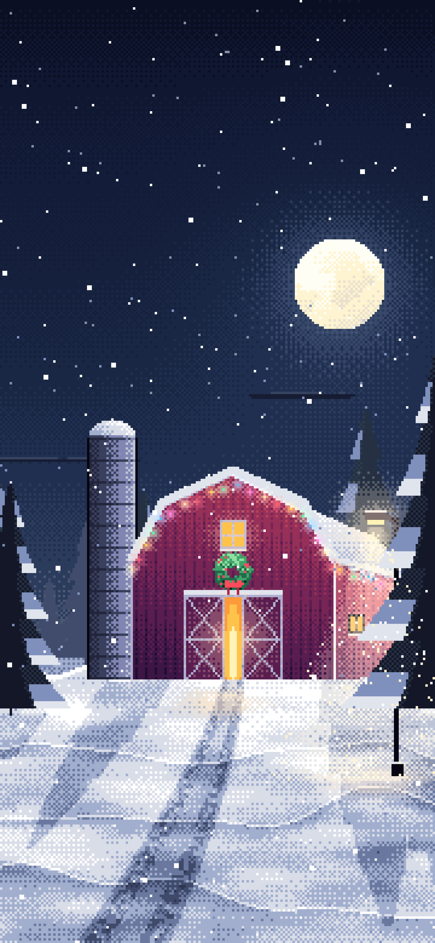 Navy Pixel Art Snowy Barn with Christmas Lights wallpaper for iPhone and Android