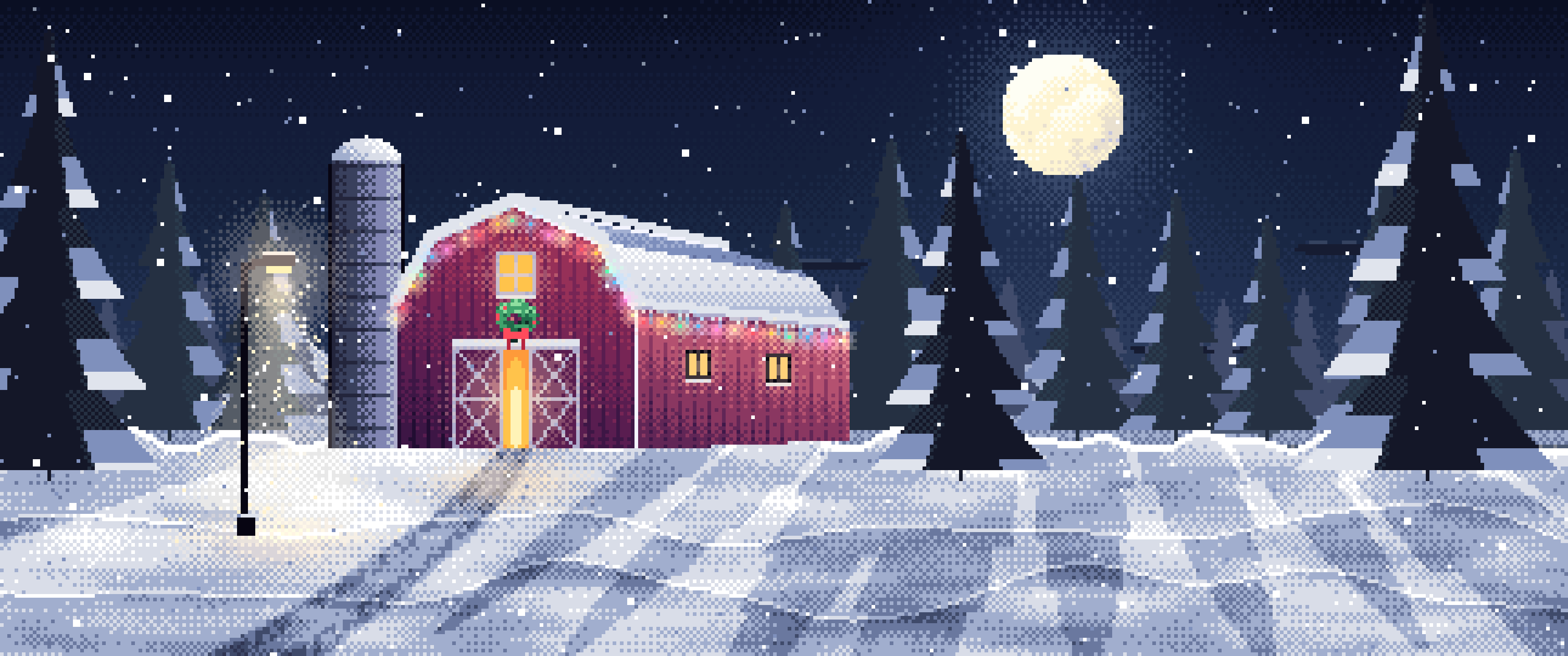 Navy Pixel Art Snowy Barn with Christmas Lights ultrawide wallpaper, 3440 × 1440