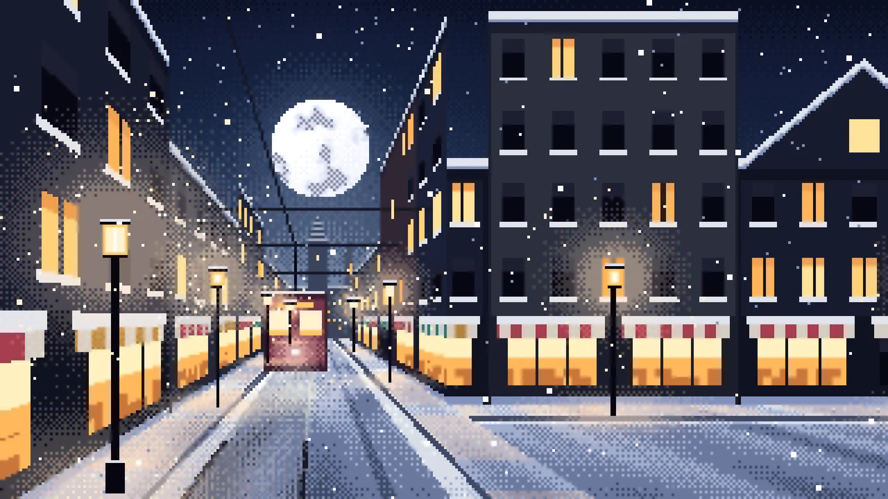 Navy Pixel Art Snowy City Street desktop wallpaper in 4K