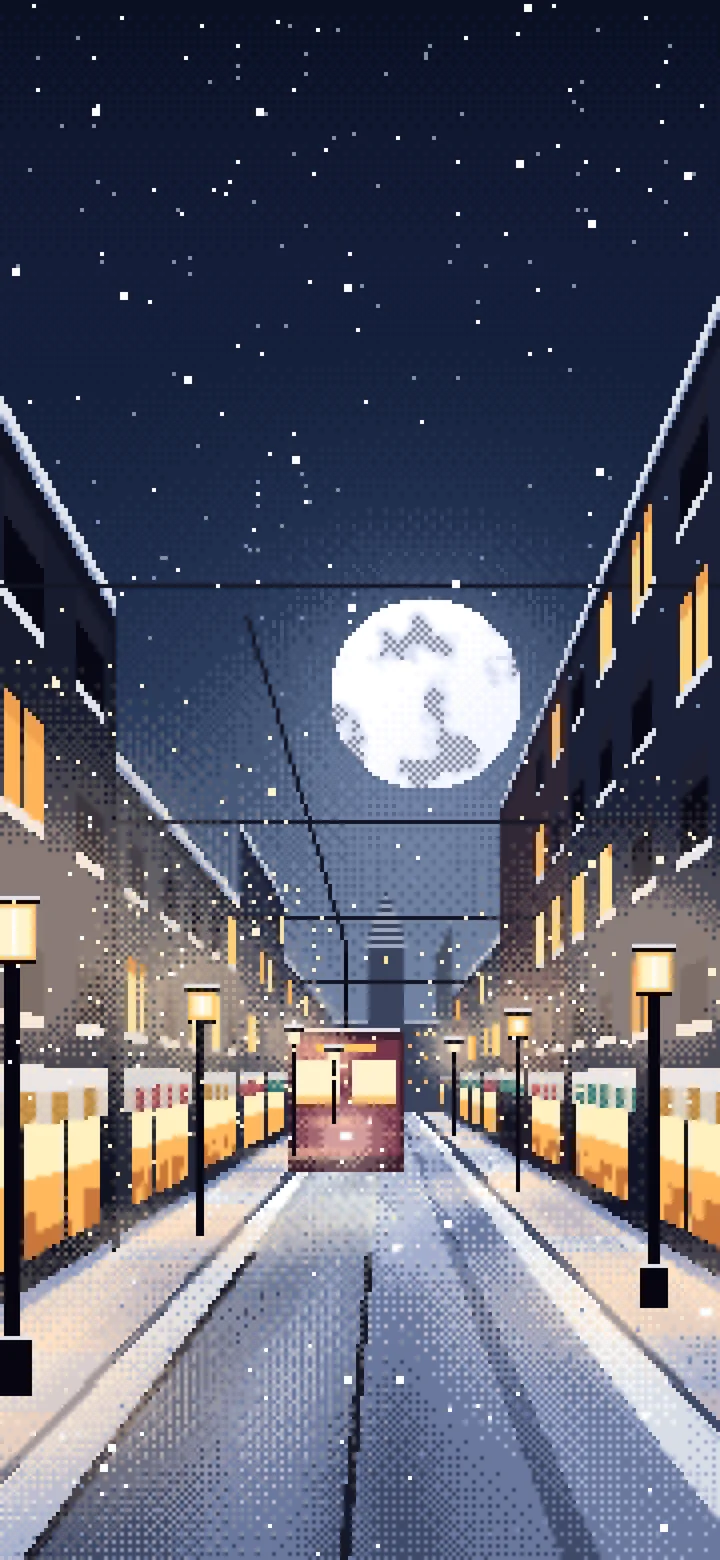 Navy Pixel Art Snowy City Street wallpaper for iPhone and Android