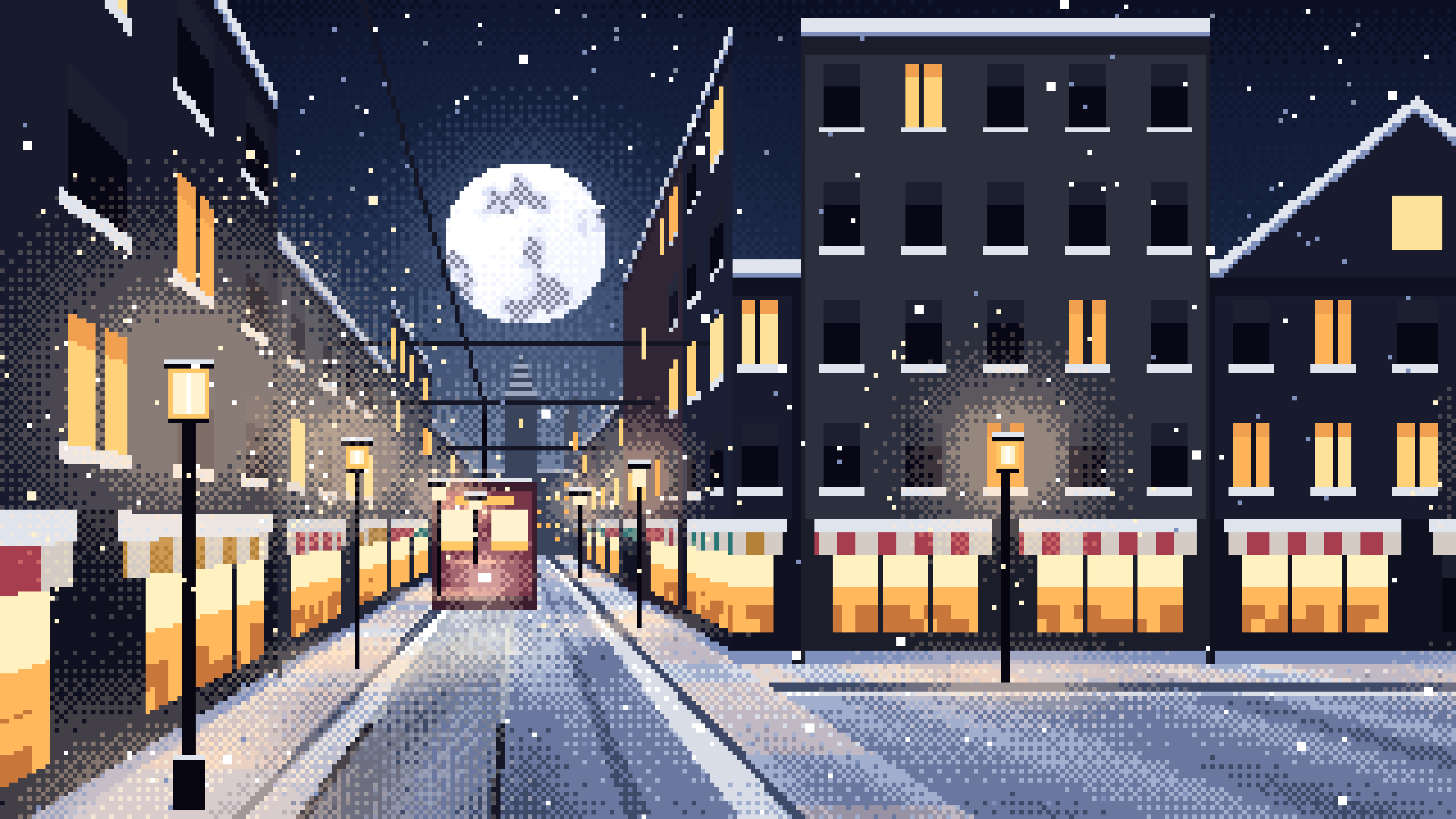 Navy Pixel Art Snowy City Street desktop wallpaper in 4K