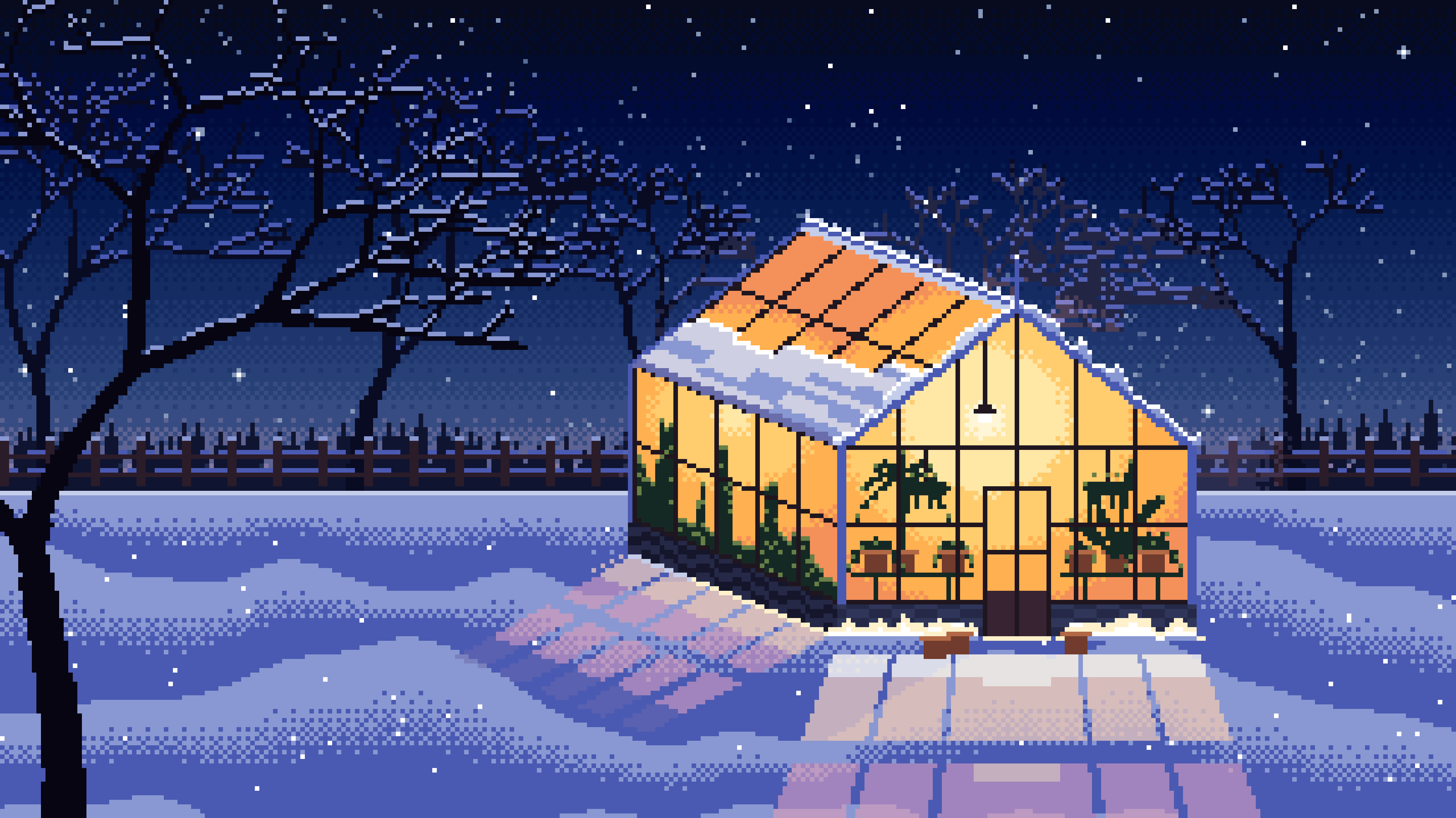 Navy Pixel Art Snowy Greenhouse at Night desktop wallpaper in 4K