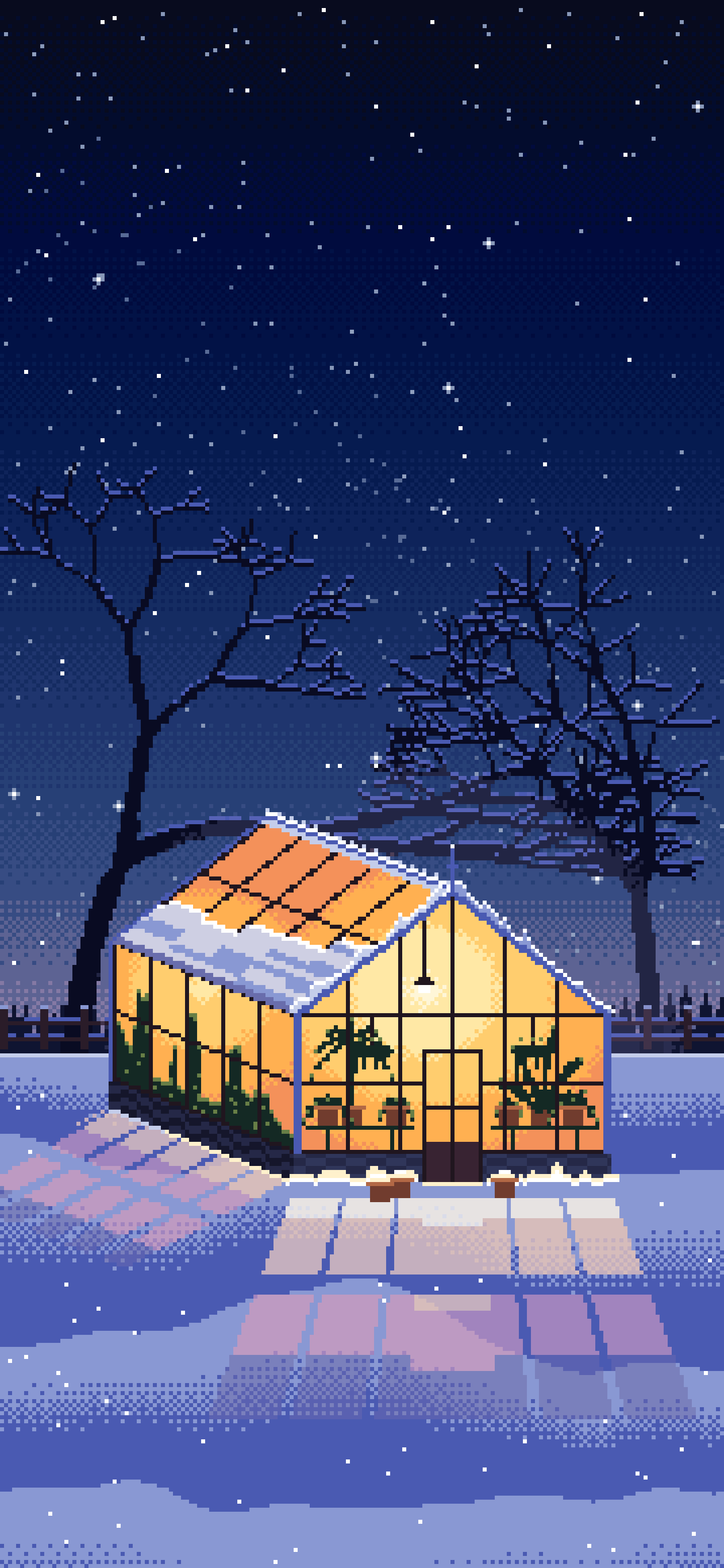 Navy Pixel Art Snowy Greenhouse at Night wallpaper for iPhone and Android