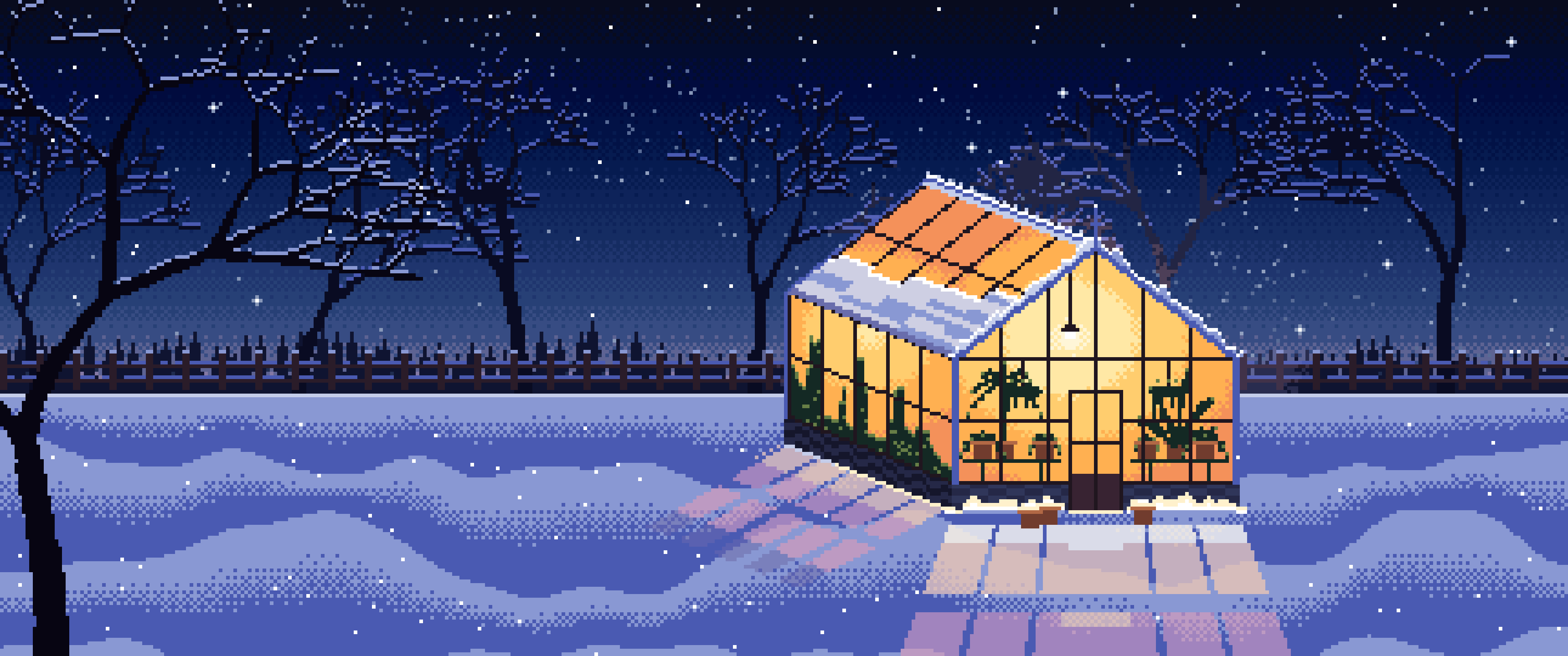 Navy Pixel Art Snowy Greenhouse at Night ultrawide wallpaper, 3440 × 1440