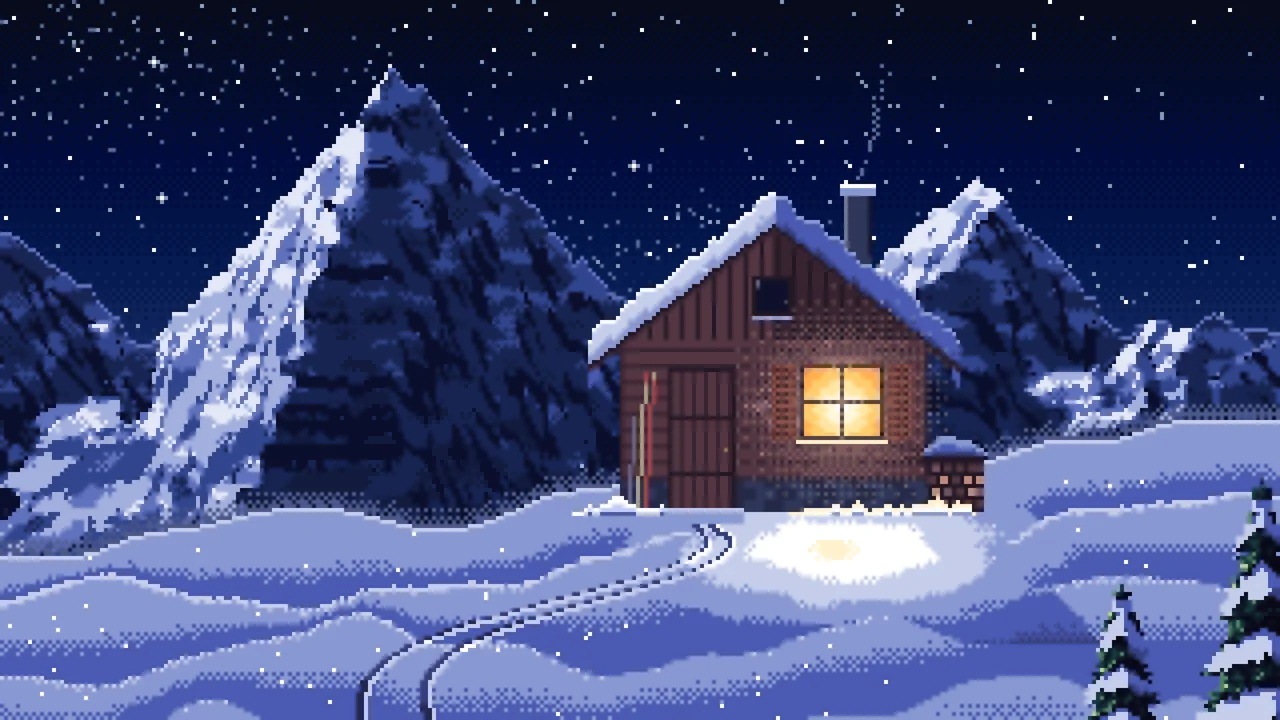 Navy Pixel Art Snowy Mountain Hut Under the Stars desktop wallpaper in 4K