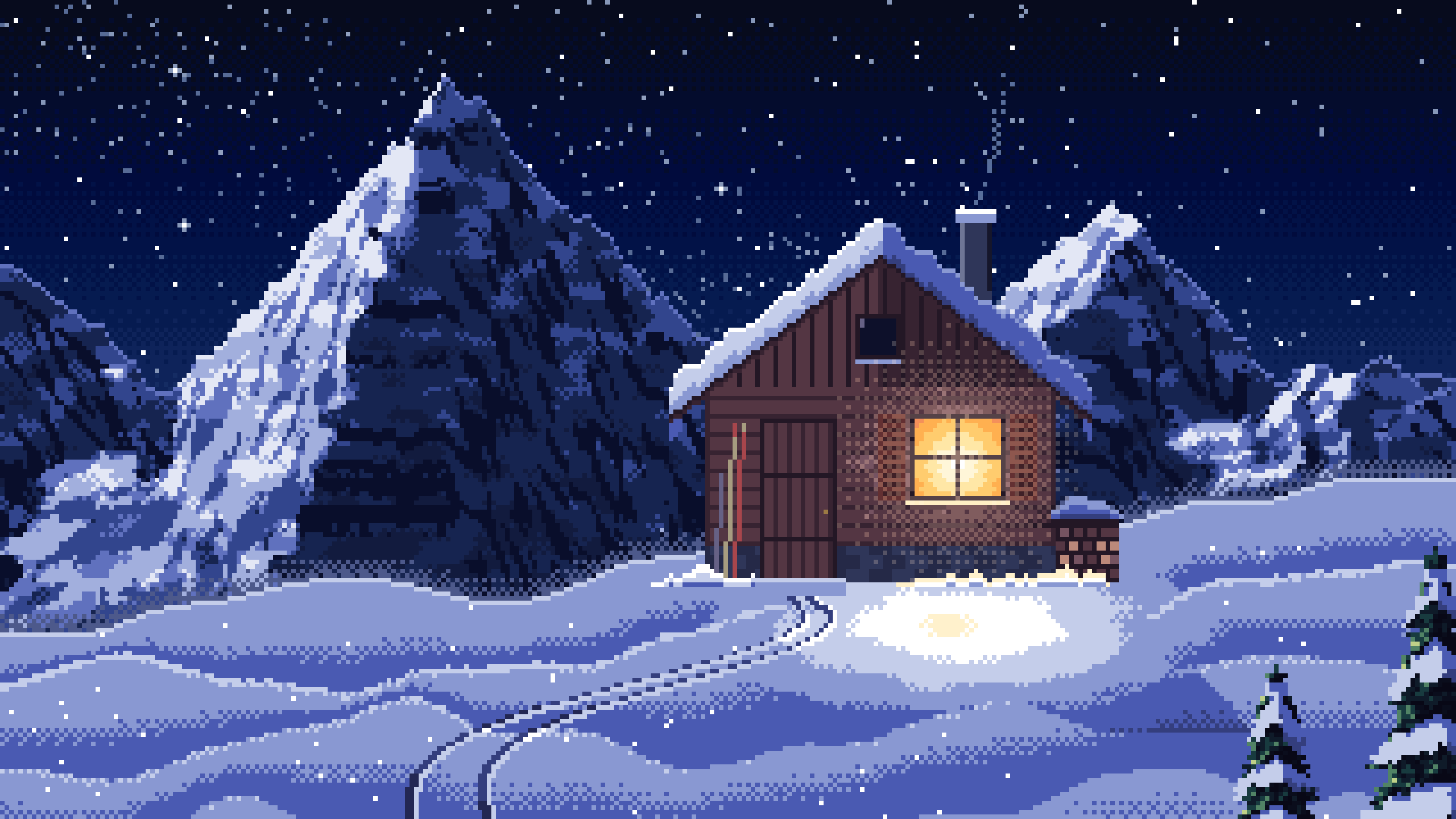 Navy Pixel Art Snowy Mountain Hut Under the Stars desktop wallpaper in 4K