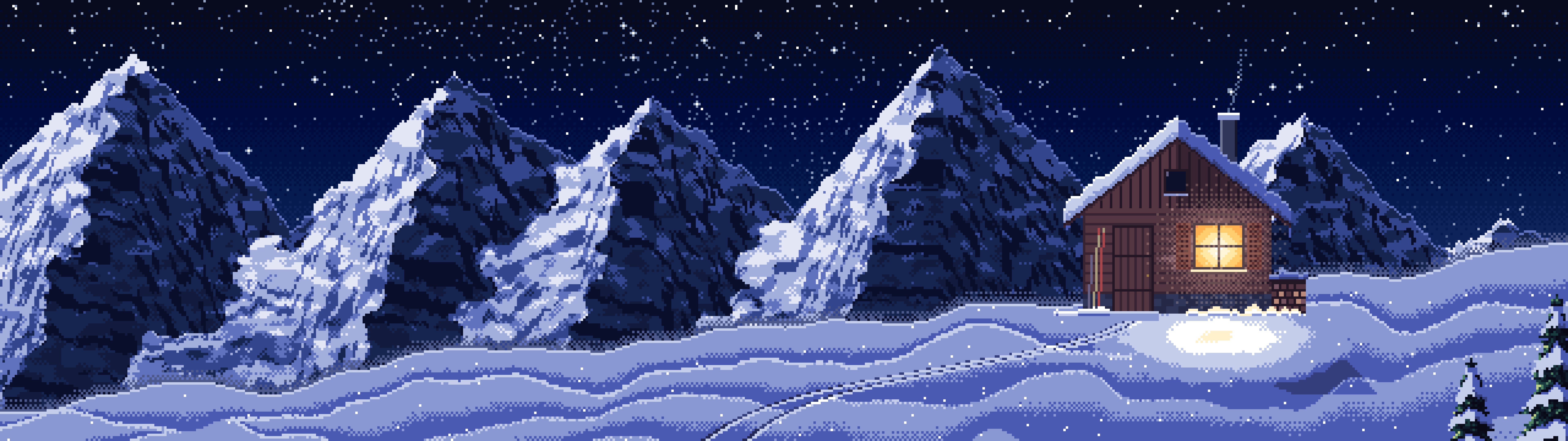 Navy Pixel Art Snowy Mountain Hut Under the Stars dual monitor wallpaper, 7680 × 2160