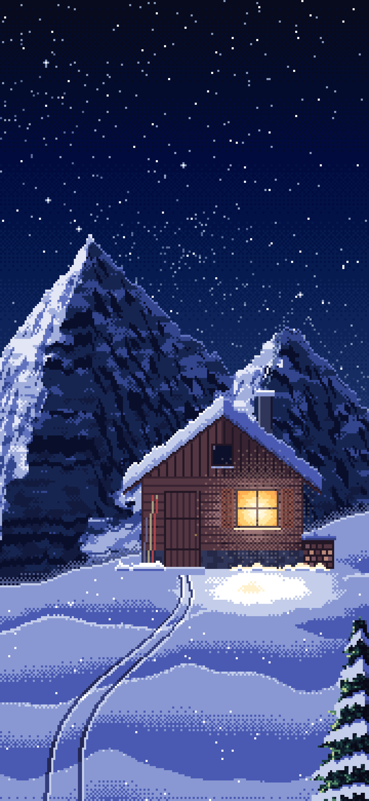 Navy Pixel Art Snowy Mountain Hut Under the Stars wallpaper for iPhone and Android