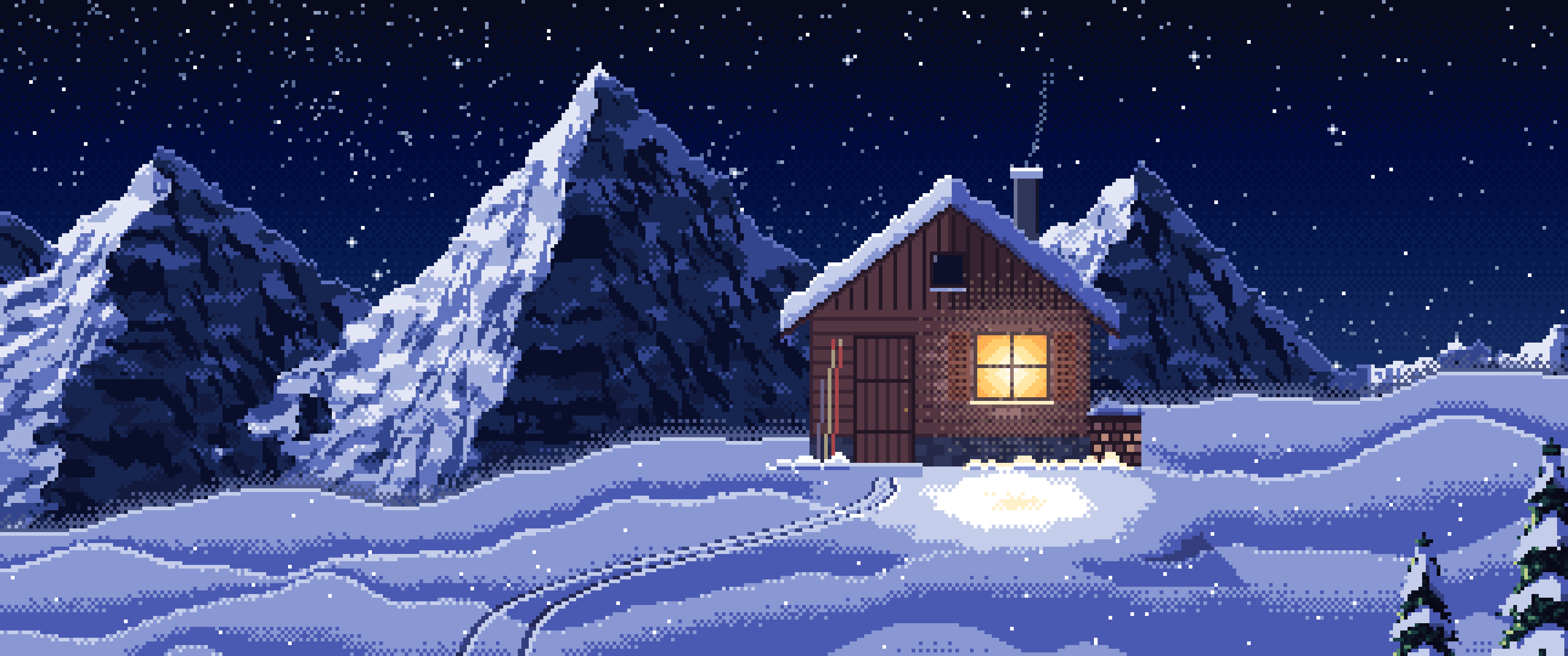 Navy Pixel Art Snowy Mountain Hut Under the Stars ultrawide wallpaper, 3440 × 1440