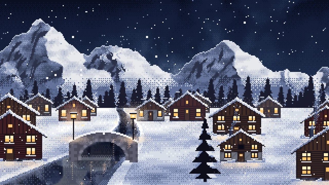 Navy Pixel Art Snowy Mountain Village at Night desktop wallpaper in 4K