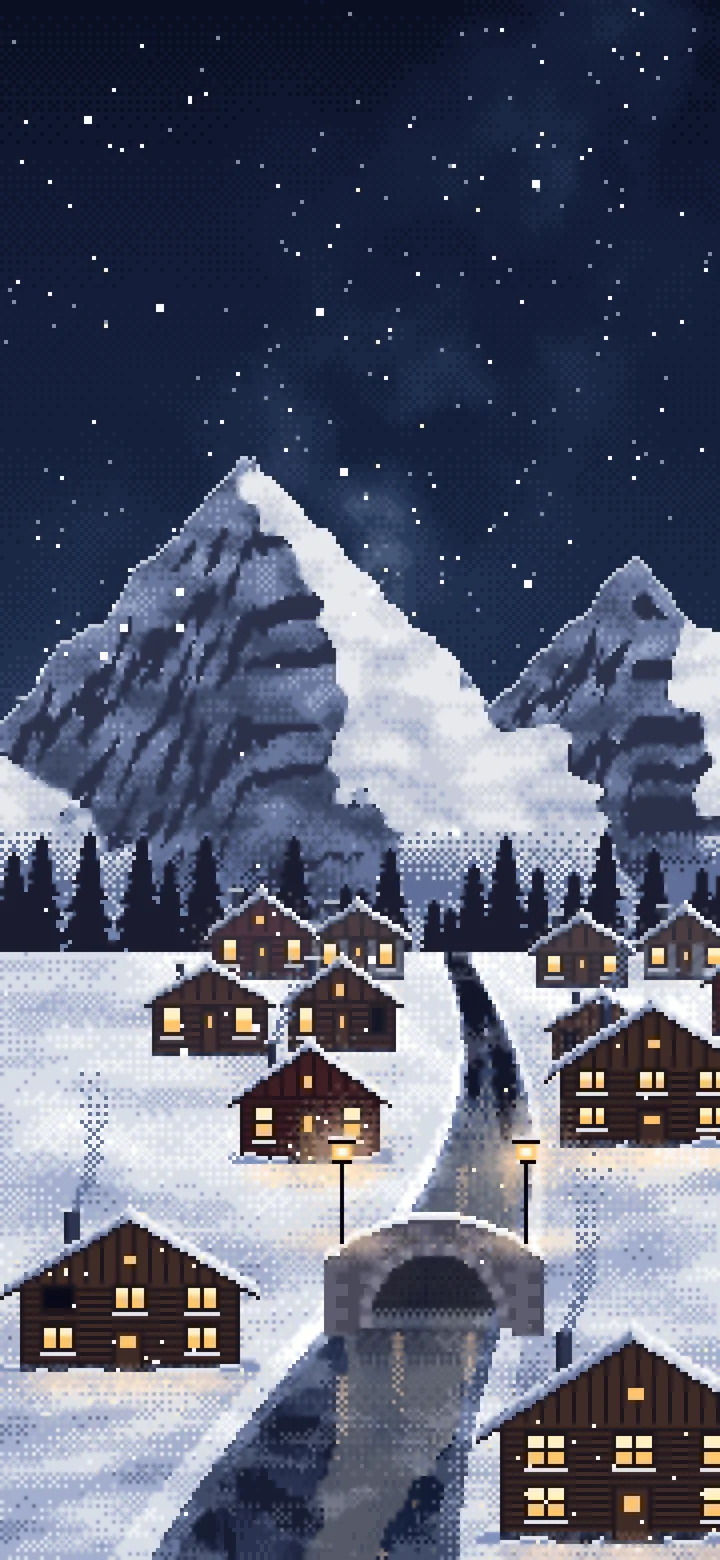 Navy Pixel Art Snowy Mountain Village at Night wallpaper for iPhone and Android