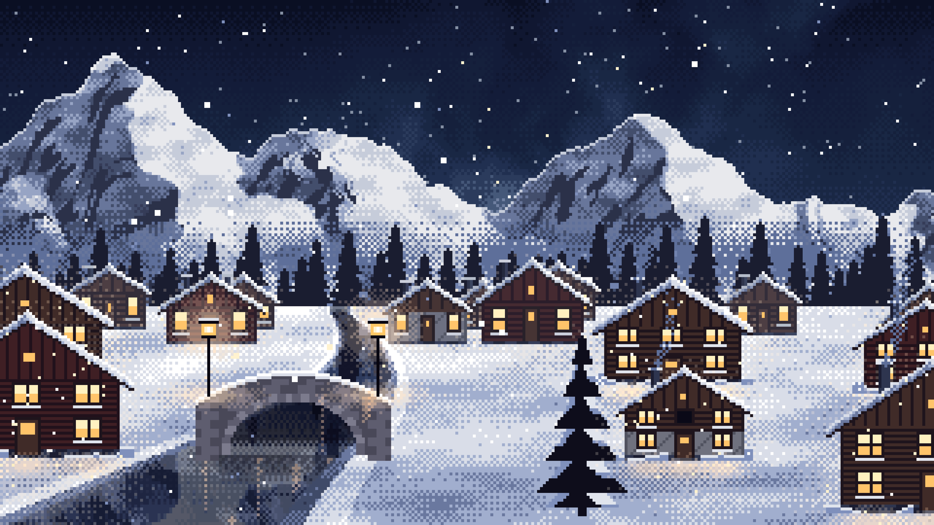 Navy Pixel Art Snowy Mountain Village at Night desktop wallpaper in 4K