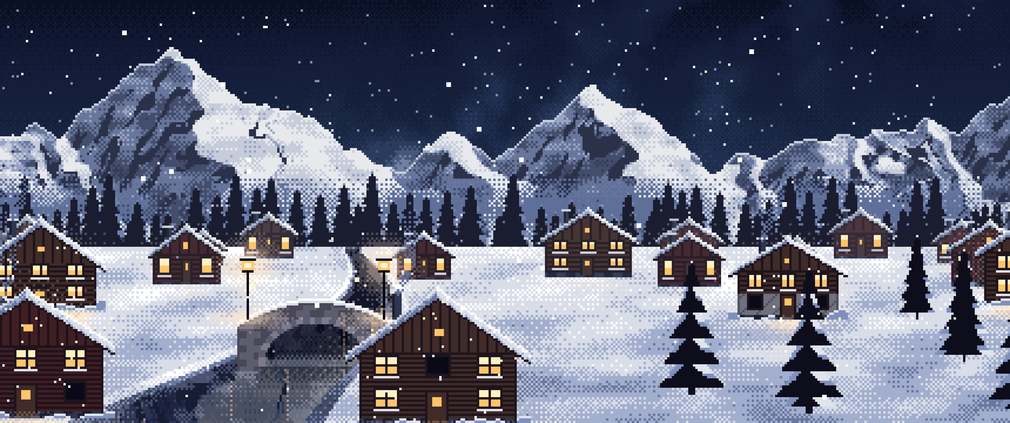 Navy Pixel Art Snowy Mountain Village at Night ultrawide wallpaper, 3440 × 1440