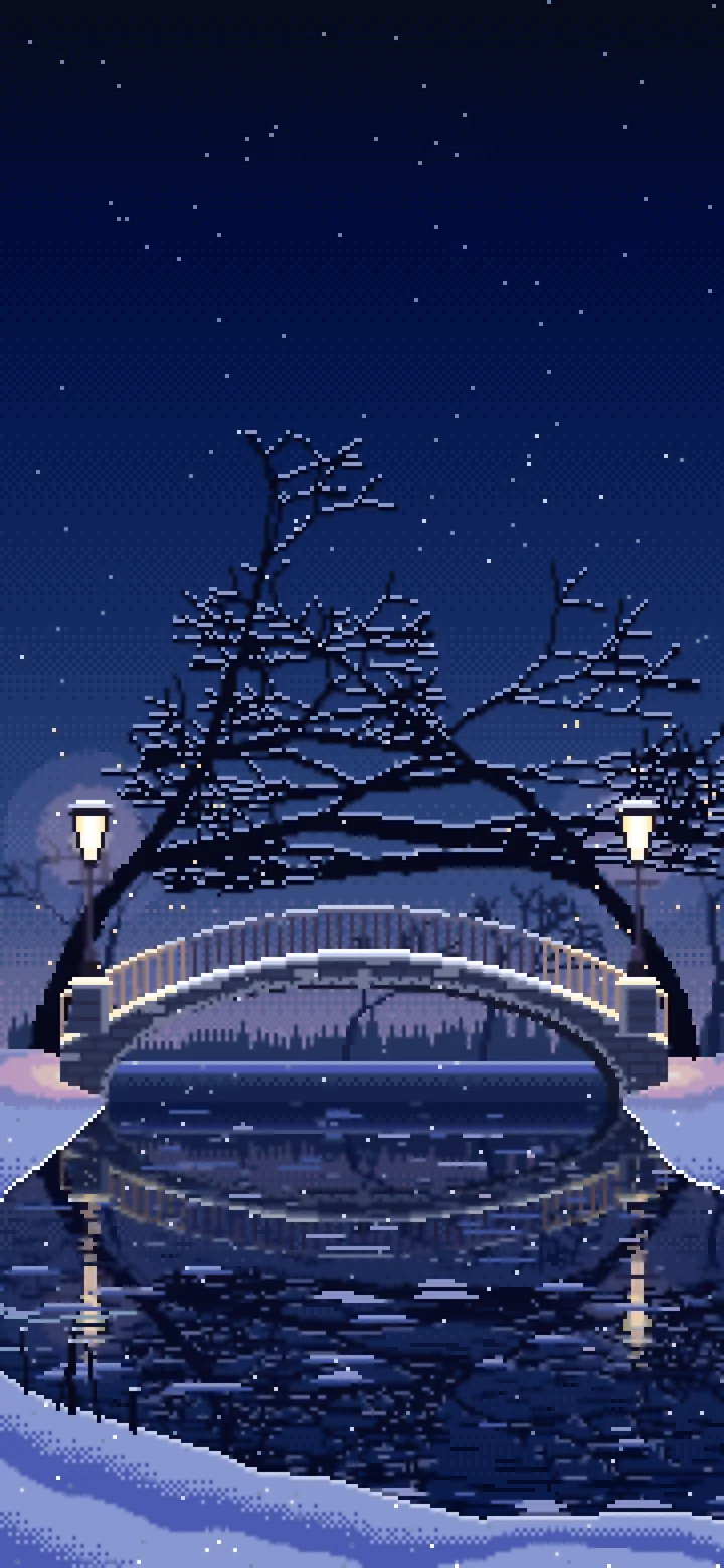 Navy Pixel Art Snowy Park Bridge by Lamplight wallpaper for iPhone and Android