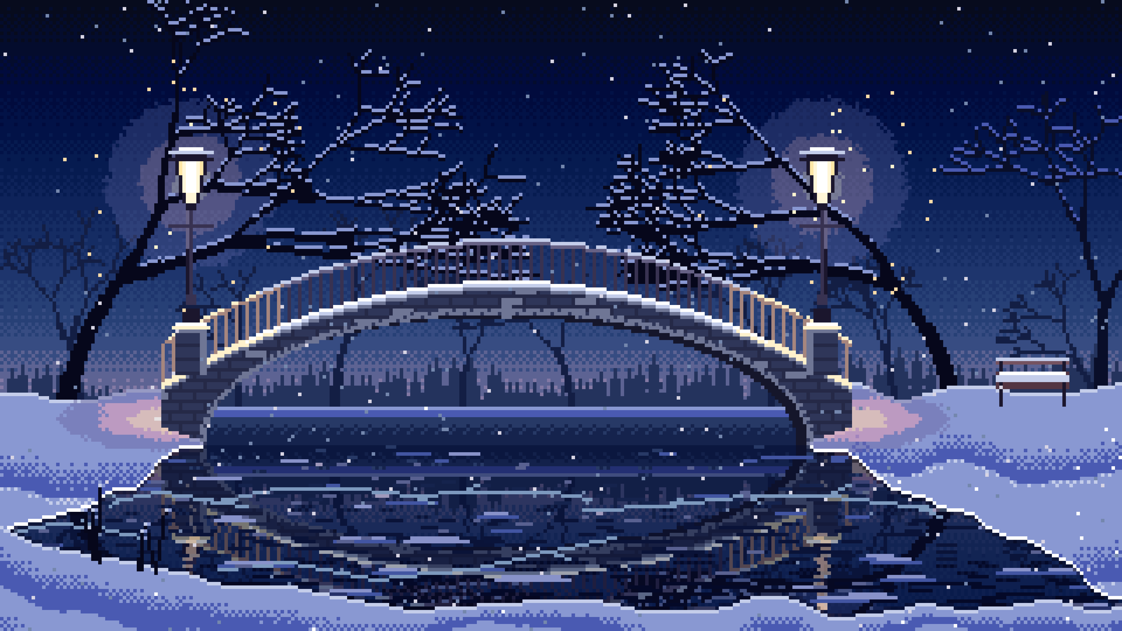 Navy Pixel Art Snowy Park Bridge by Lamplight desktop wallpaper in 4K