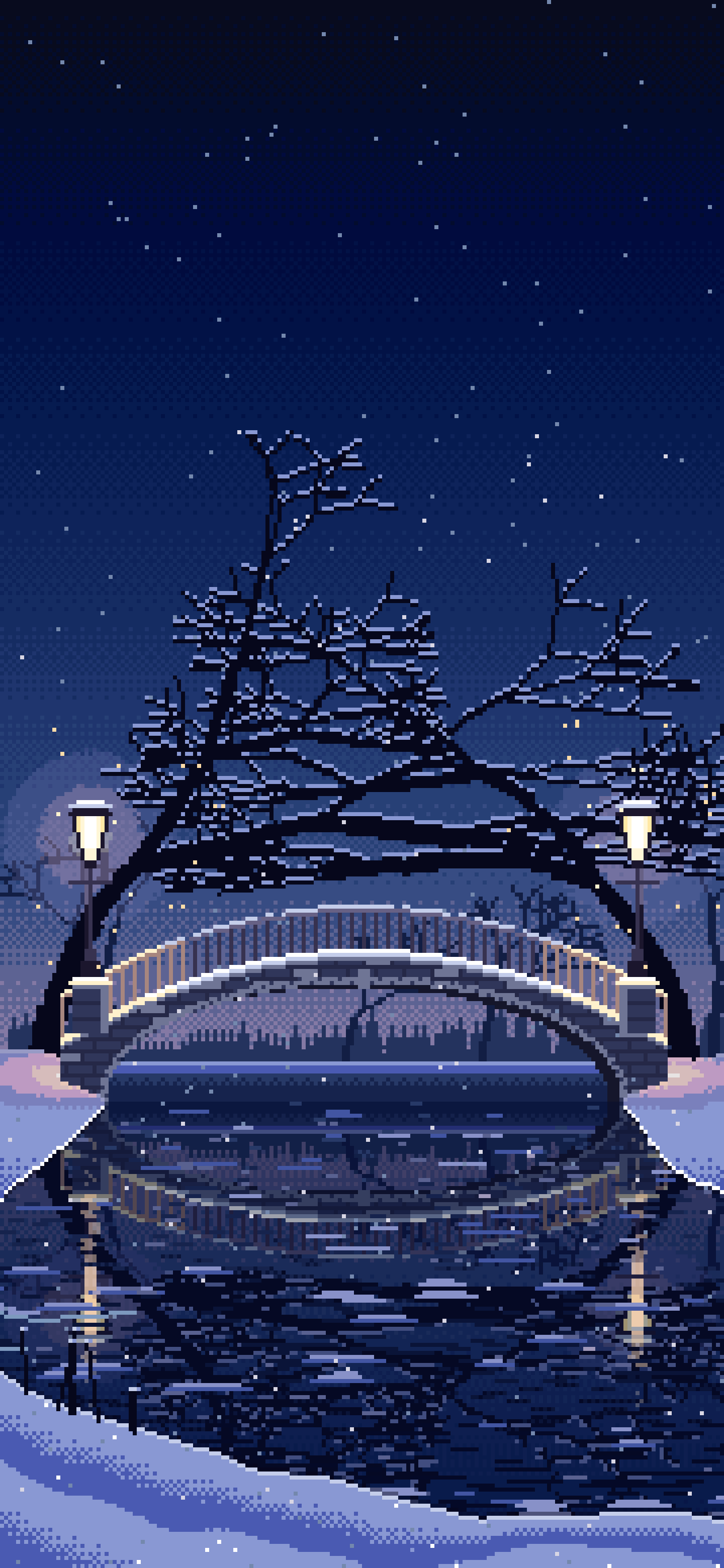 Navy Pixel Art Snowy Park Bridge by Lamplight wallpaper for iPhone and Android