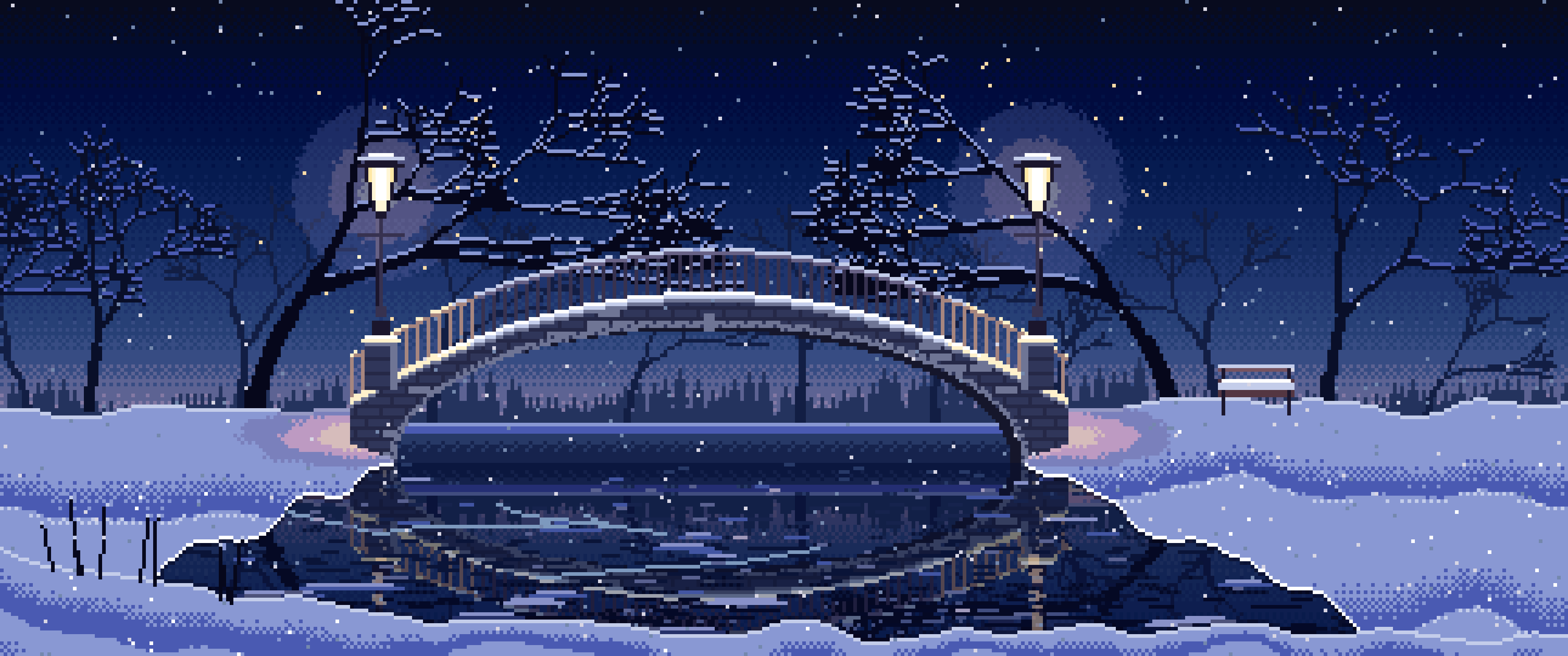 Navy Pixel Art Snowy Park Bridge by Lamplight ultrawide wallpaper, 3440 × 1440