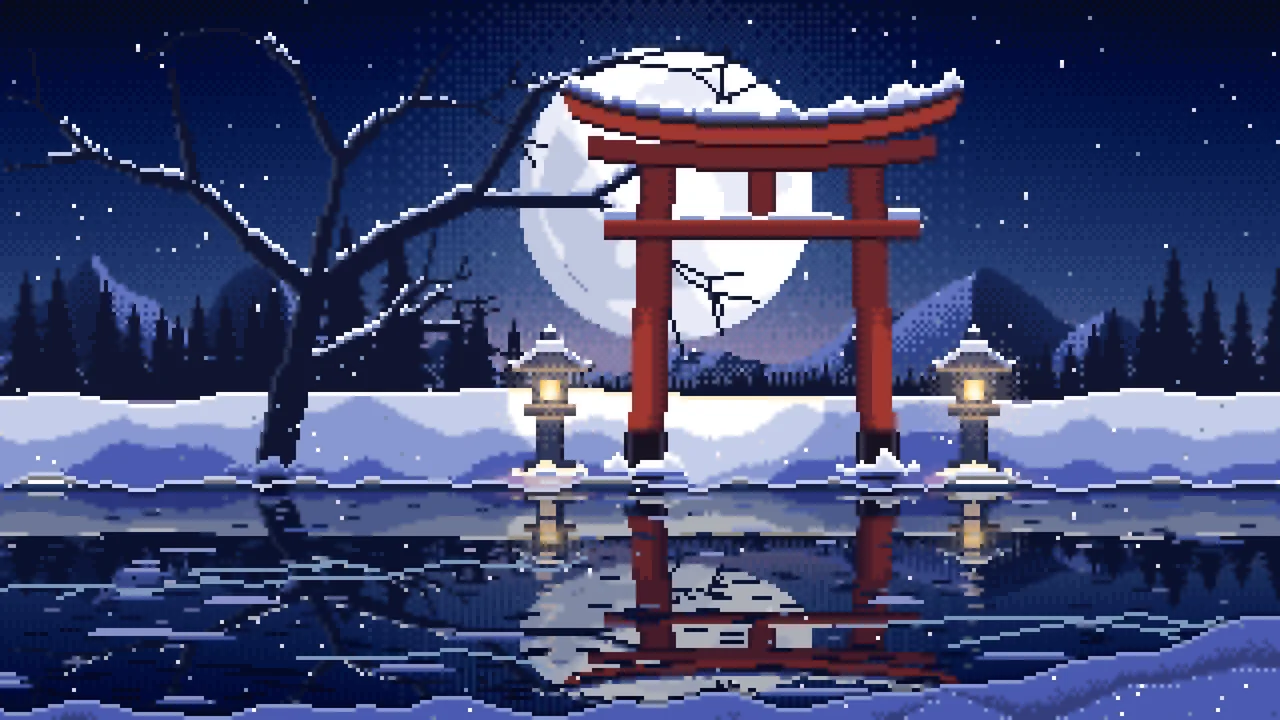 Navy Pixel Art Snowy Torii Gate on a Frozen Lake desktop wallpaper in 4K