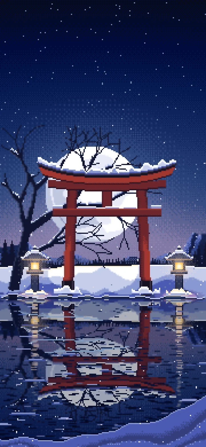 Navy Pixel Art Snowy Torii Gate on a Frozen Lake wallpaper for iPhone and Android