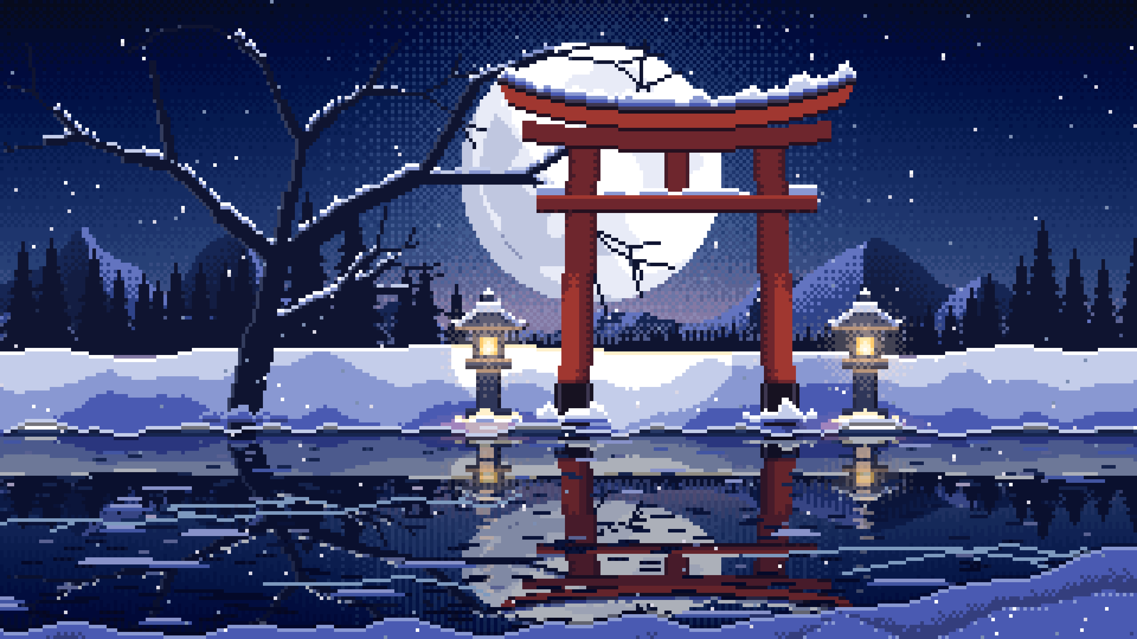 Navy Pixel Art Snowy Torii Gate on a Frozen Lake desktop wallpaper in 4K