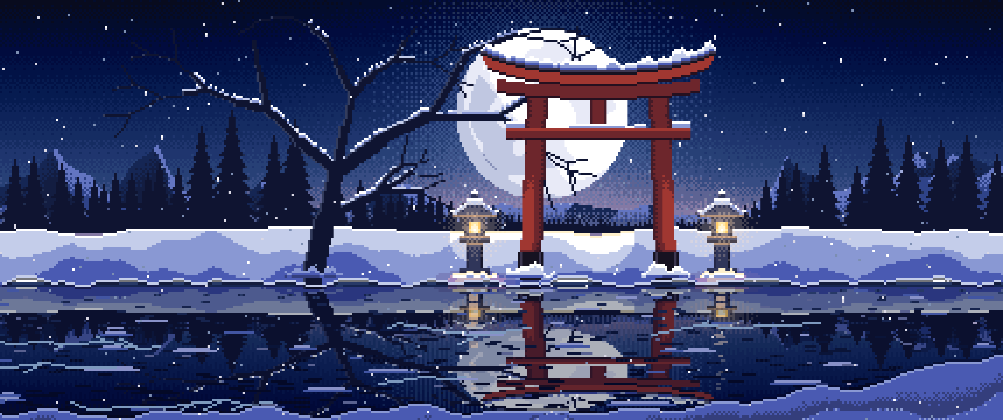 Navy Pixel Art Snowy Torii Gate on a Frozen Lake ultrawide wallpaper, 3440 × 1440