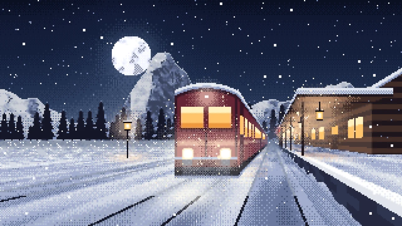 Navy Pixel Art Snowy Train Station at Night desktop wallpaper in 4K