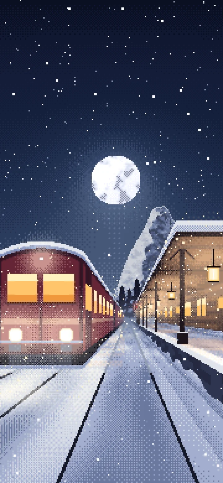 Navy Pixel Art Snowy Train Station at Night wallpaper for iPhone and Android