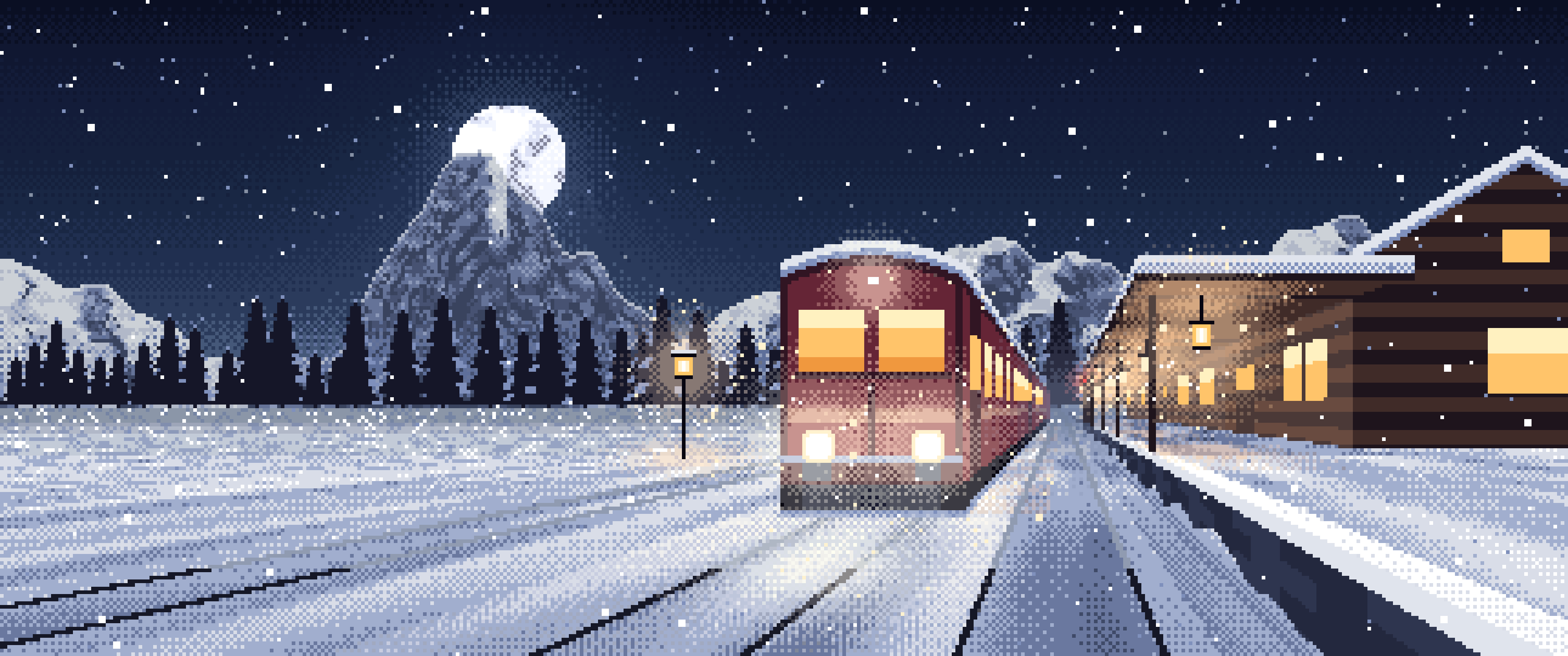 Navy Pixel Art Snowy Train Station at Night ultrawide wallpaper, 3440 × 1440