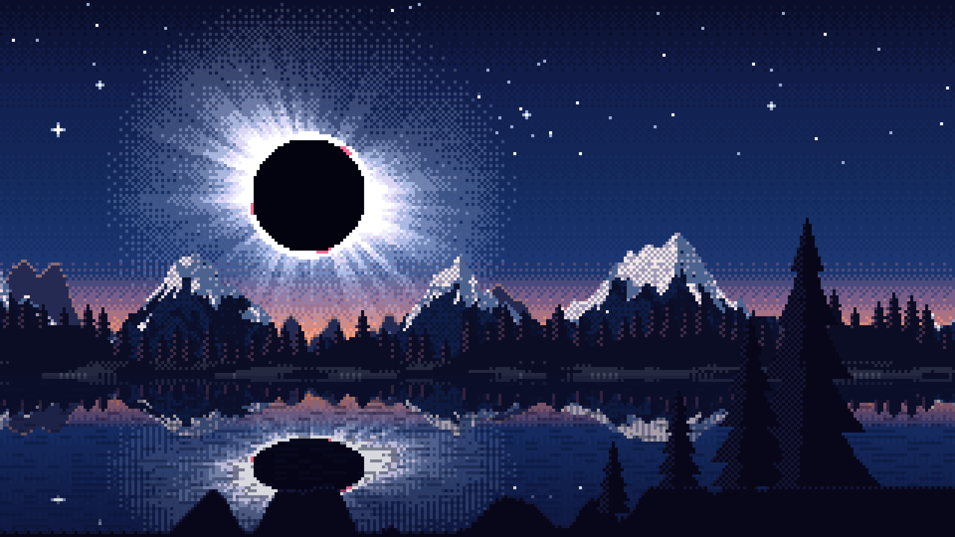 Navy Pixel Art Solar Eclipse Over a Lake desktop wallpaper in 4K