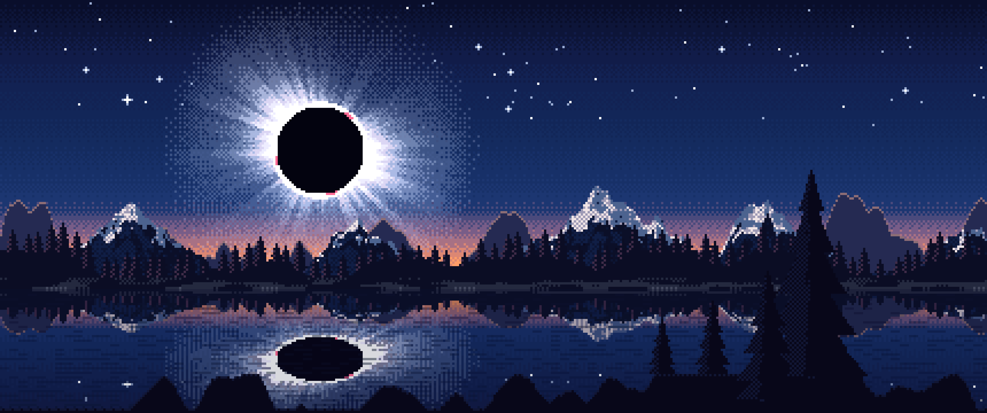 Navy Pixel Art Solar Eclipse Over a Lake ultrawide wallpaper, 3440 × 1440