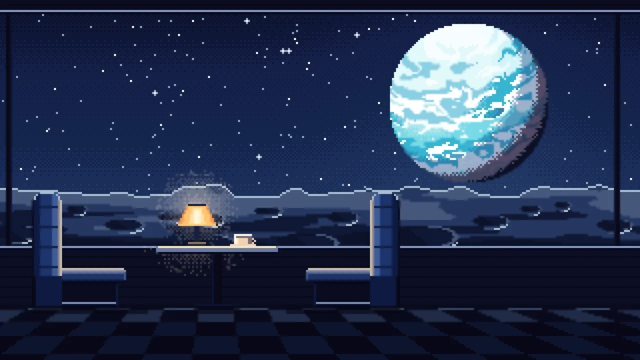 Navy Pixel Art Space Diner Booth and a Planet desktop wallpaper in 4K