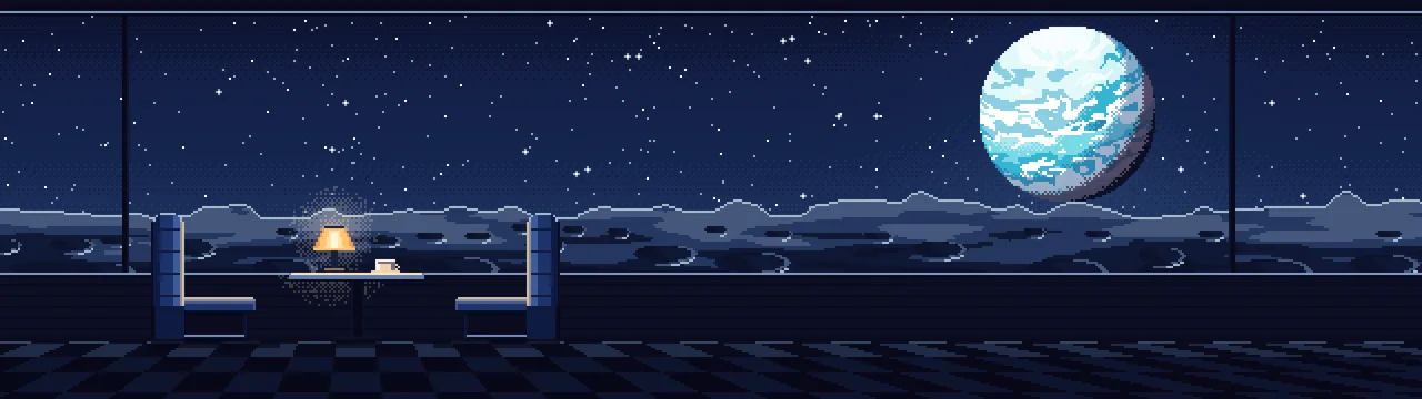 Navy Pixel Art Space Diner Booth and a Planet dual monitor wallpaper, 7680 × 2160