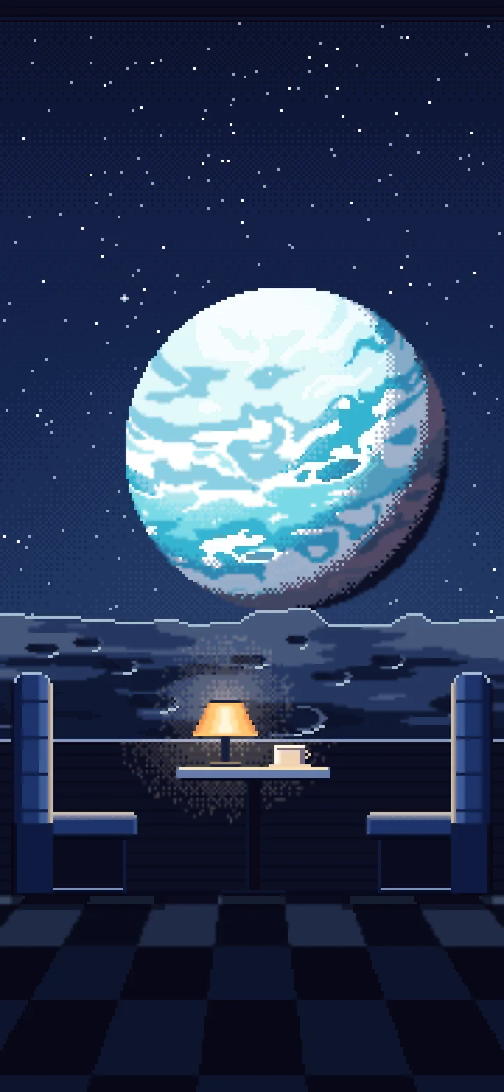 Navy Pixel Art Space Diner Booth and a Planet wallpaper for iPhone and Android