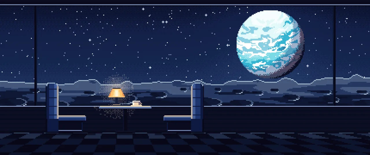 Navy Pixel Art Space Diner Booth and a Planet ultrawide wallpaper, 3440 × 1440