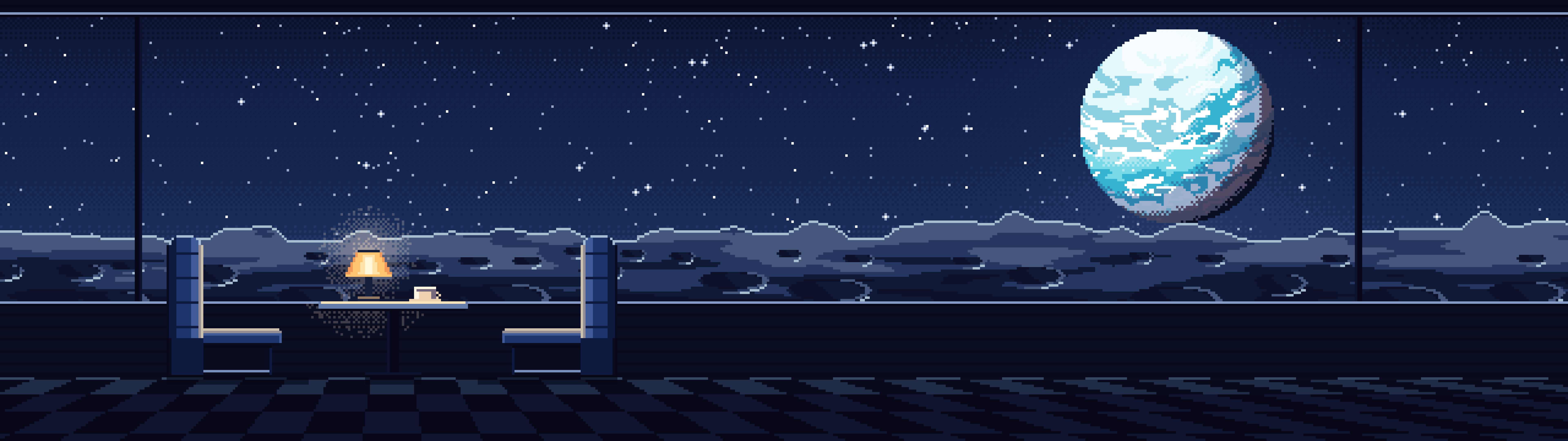 Navy Pixel Art Space Diner Booth and a Planet dual monitor wallpaper, 7680 × 2160