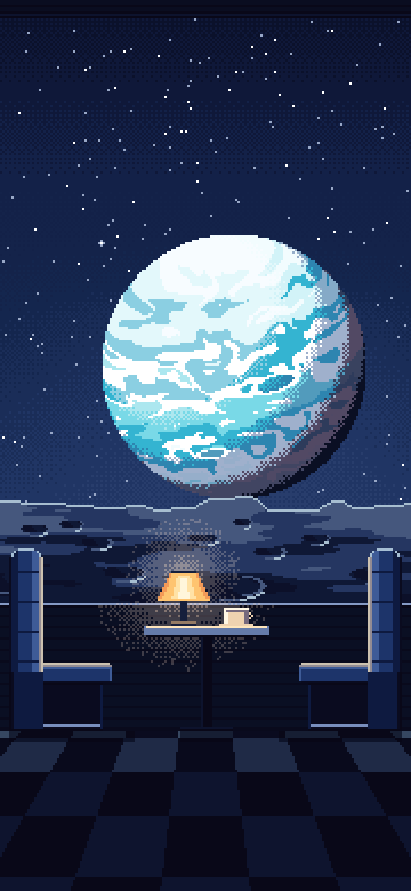 Navy Pixel Art Space Diner Booth and a Planet wallpaper for iPhone and Android