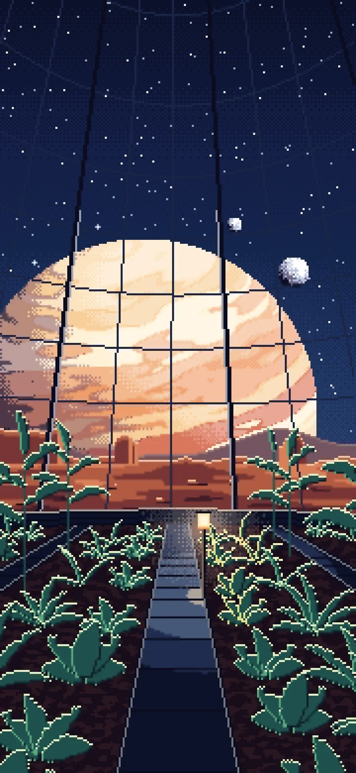 Navy Pixel Art Space Greenhouse Dome and a Giant Planet wallpaper for iPhone and Android