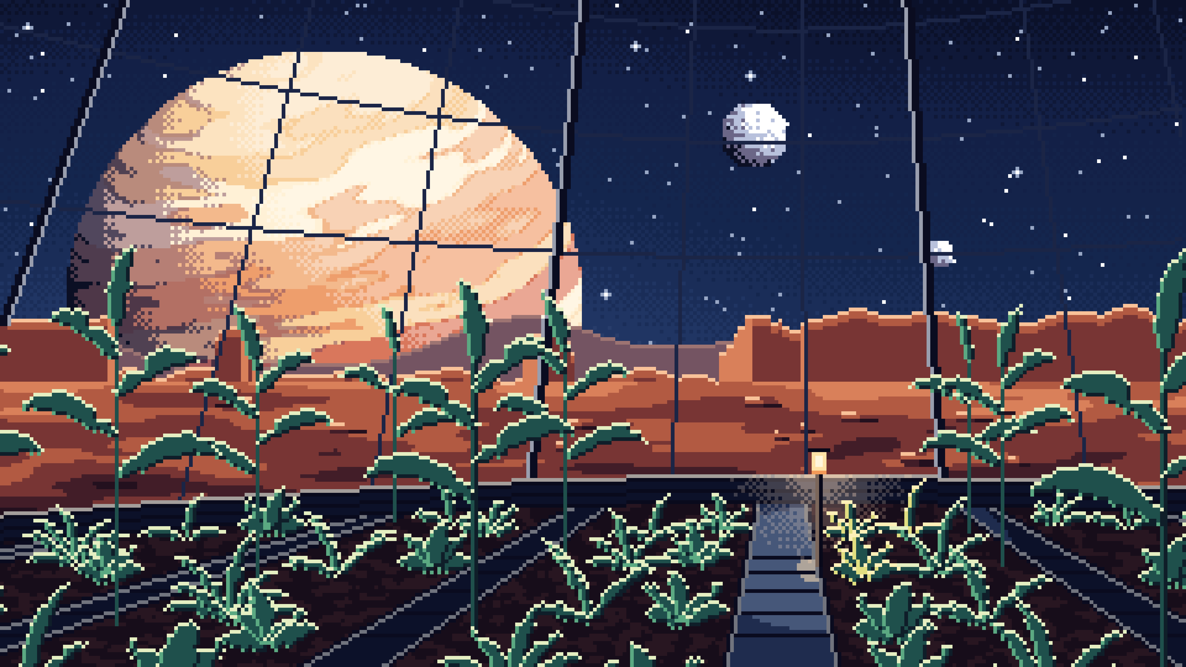 Navy Pixel Art Space Greenhouse Dome and a Giant Planet desktop wallpaper in 4K