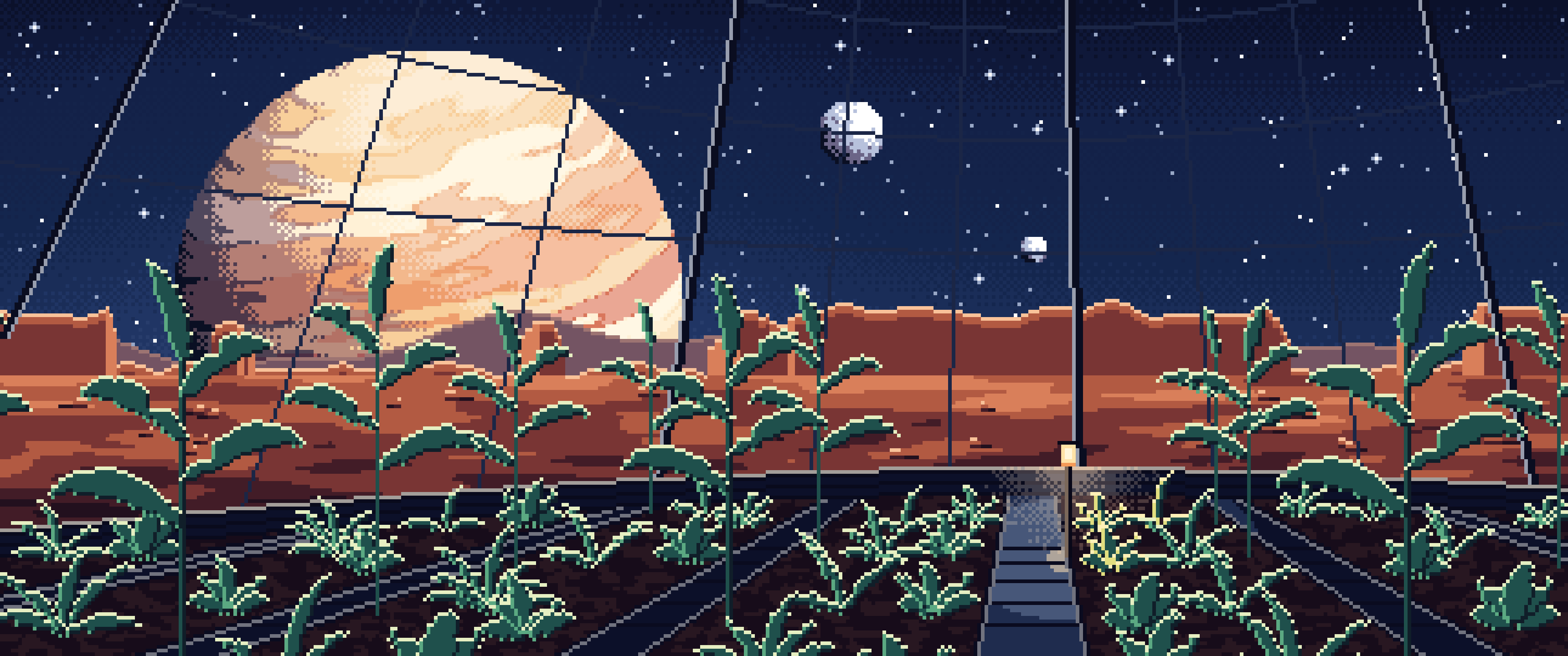 Navy Pixel Art Space Greenhouse Dome and a Giant Planet ultrawide wallpaper, 3440 × 1440