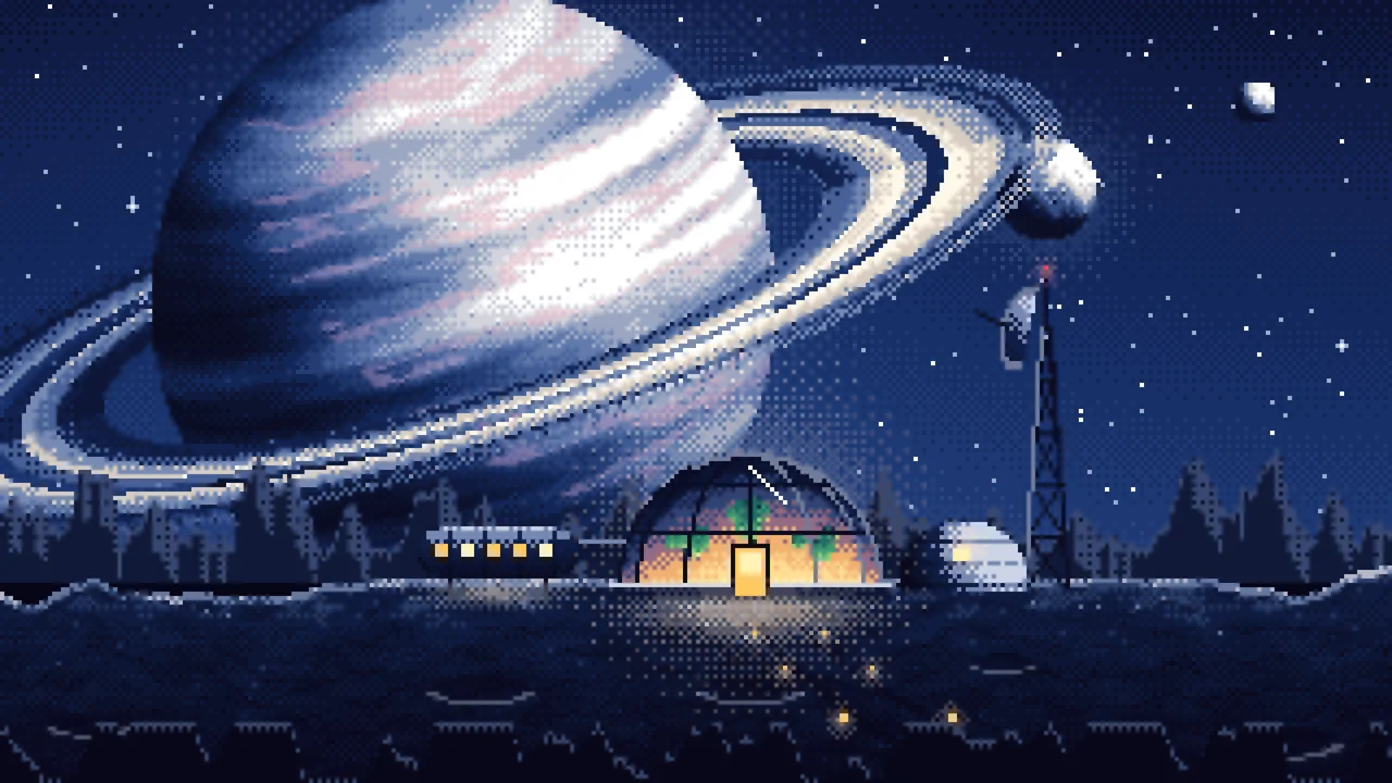 Navy Pixel Art Space Outpost Under a Ringed Planet desktop wallpaper in 4K