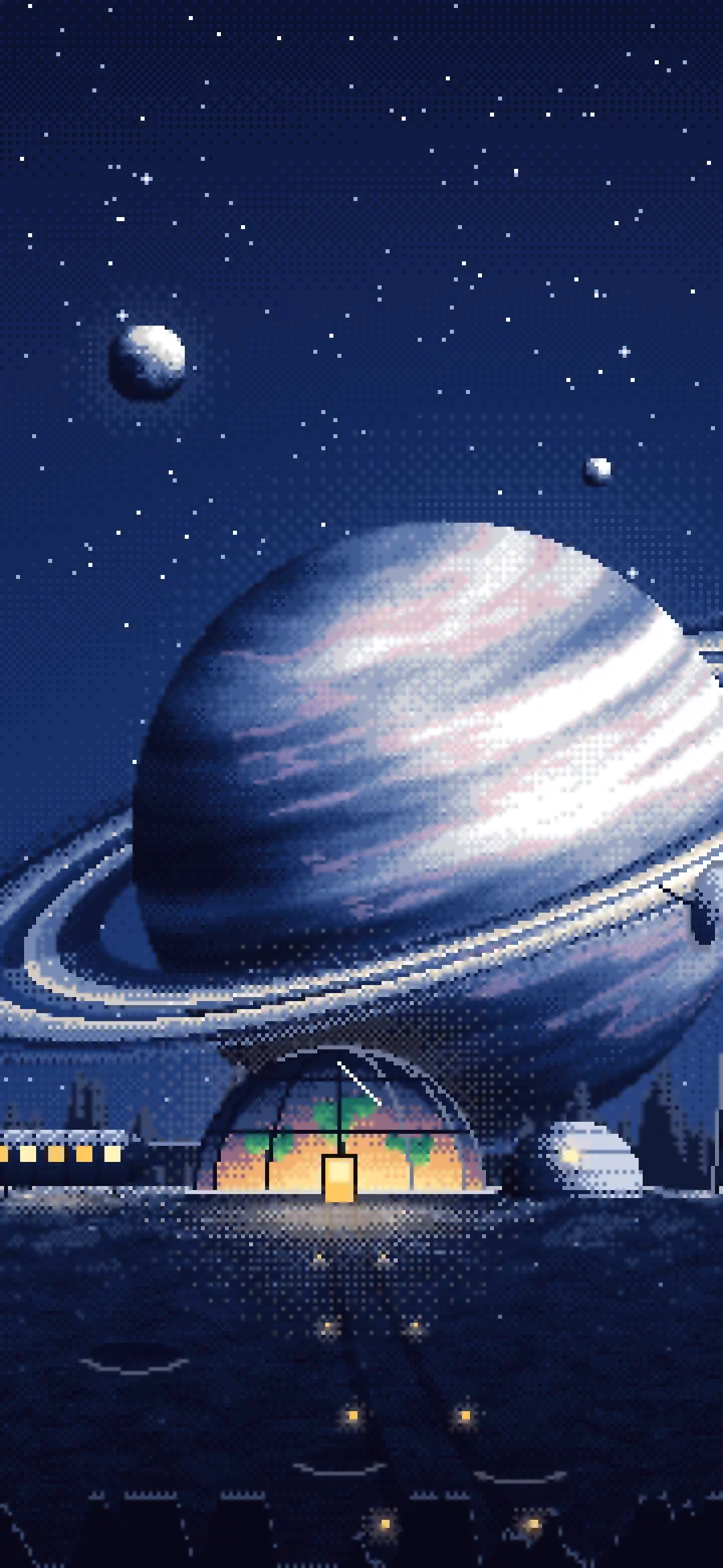 Navy Pixel Art Space Outpost Under a Ringed Planet wallpaper for iPhone and Android