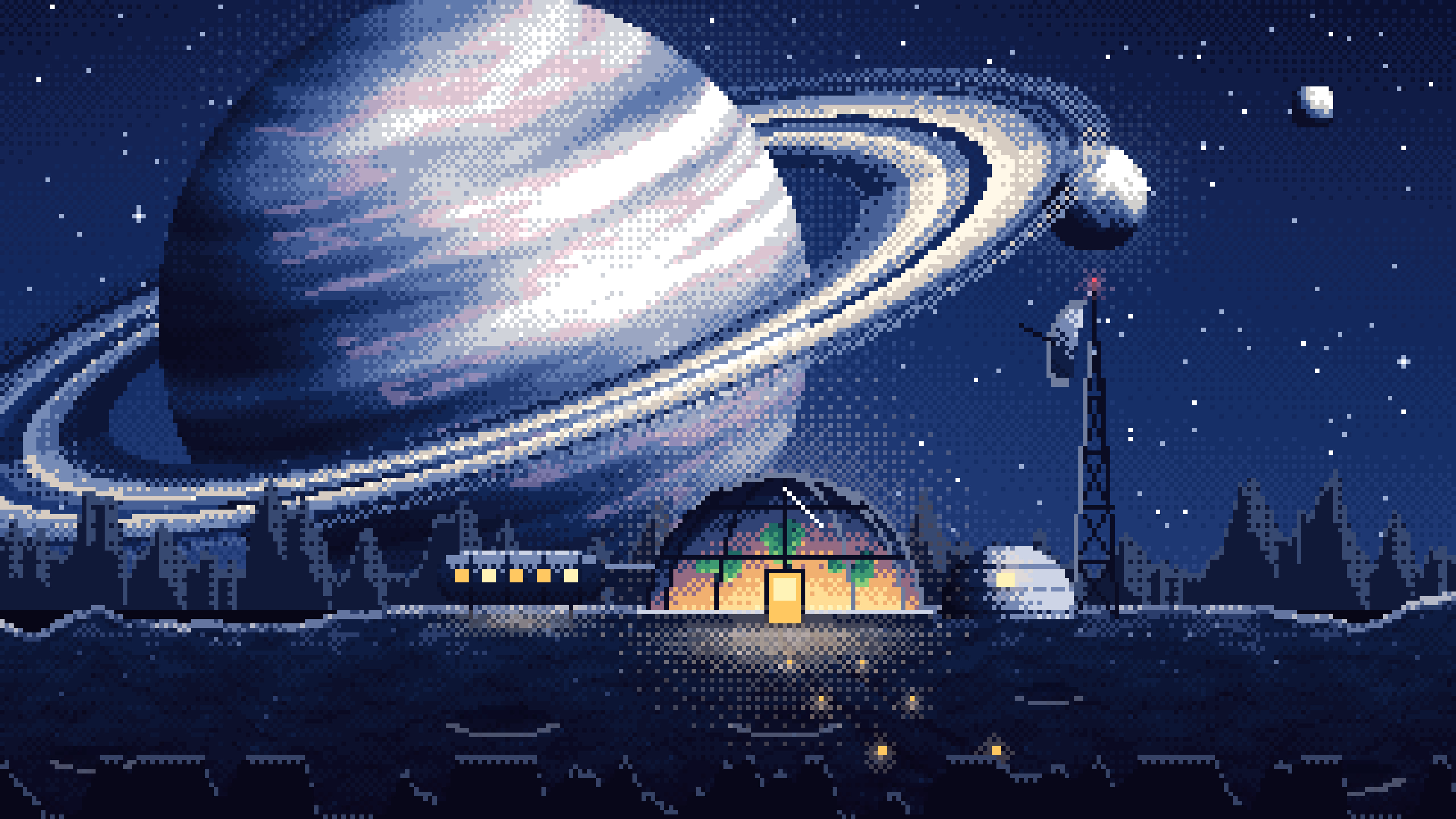 Navy Pixel Art Space Outpost Under a Ringed Planet desktop wallpaper in 4K