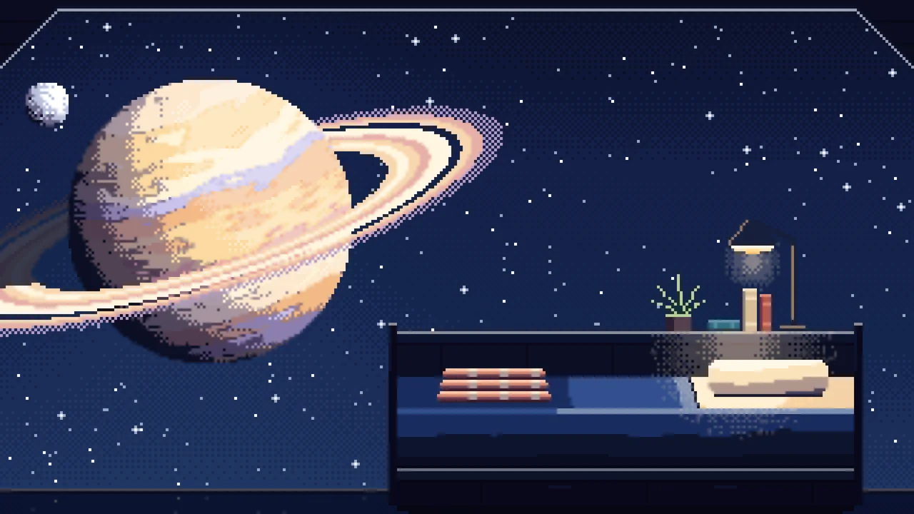 Navy Pixel Art Space Station Bedroom and a Ringed Planet desktop wallpaper in 4K