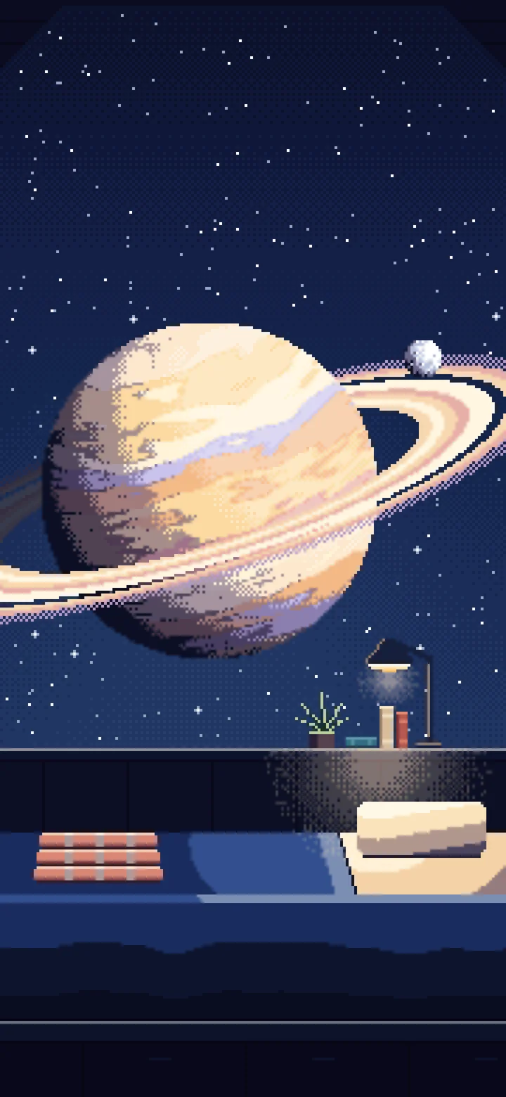 Navy Pixel Art Space Station Bedroom and a Ringed Planet wallpaper for iPhone and Android