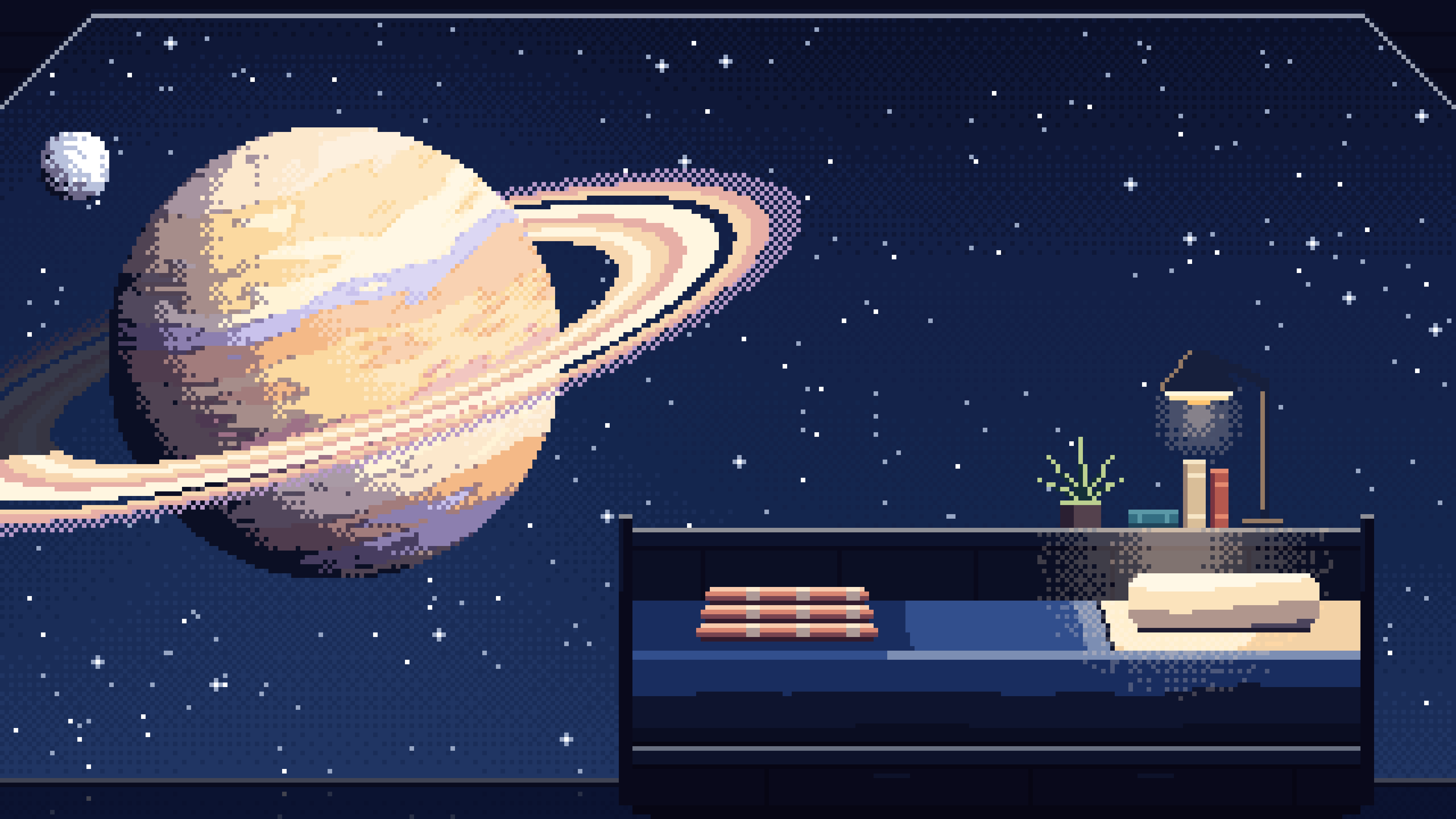 Navy Pixel Art Space Station Bedroom and a Ringed Planet desktop wallpaper in 4K