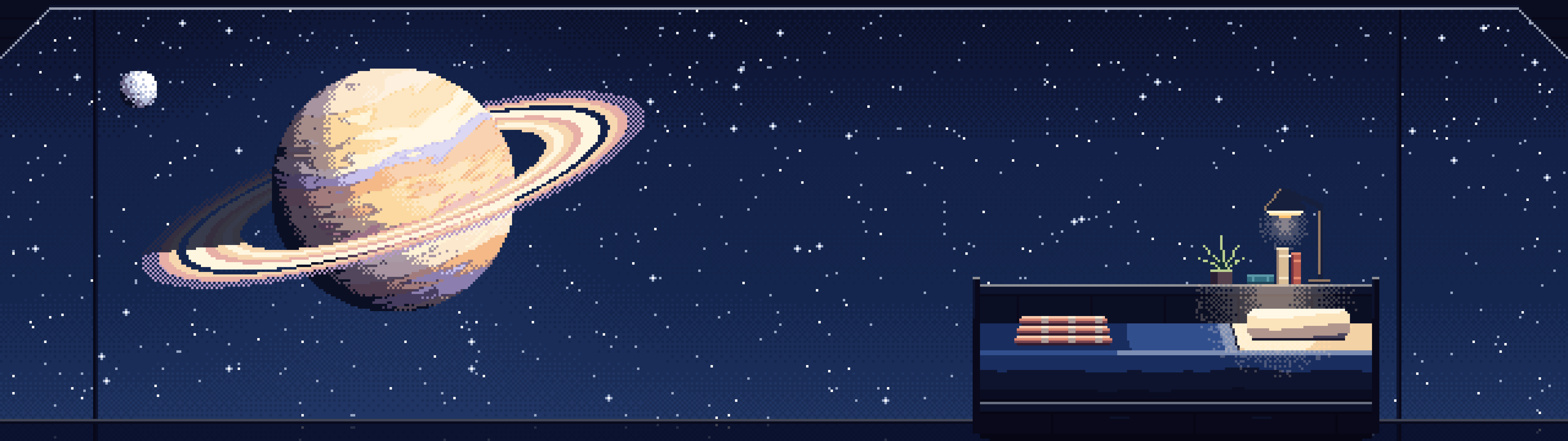 Navy Pixel Art Space Station Bedroom and a Ringed Planet dual monitor wallpaper, 7680 × 2160