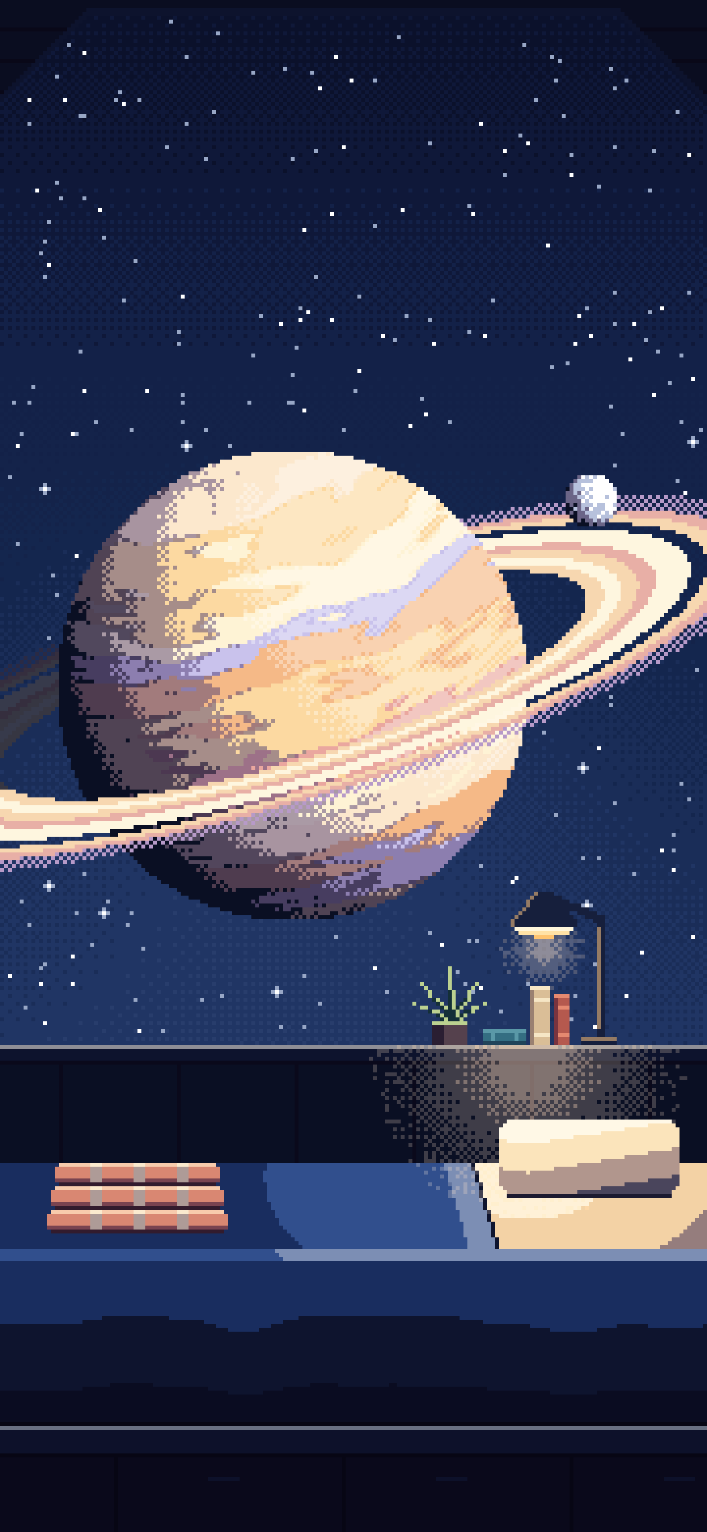 Navy Pixel Art Space Station Bedroom and a Ringed Planet wallpaper for iPhone and Android