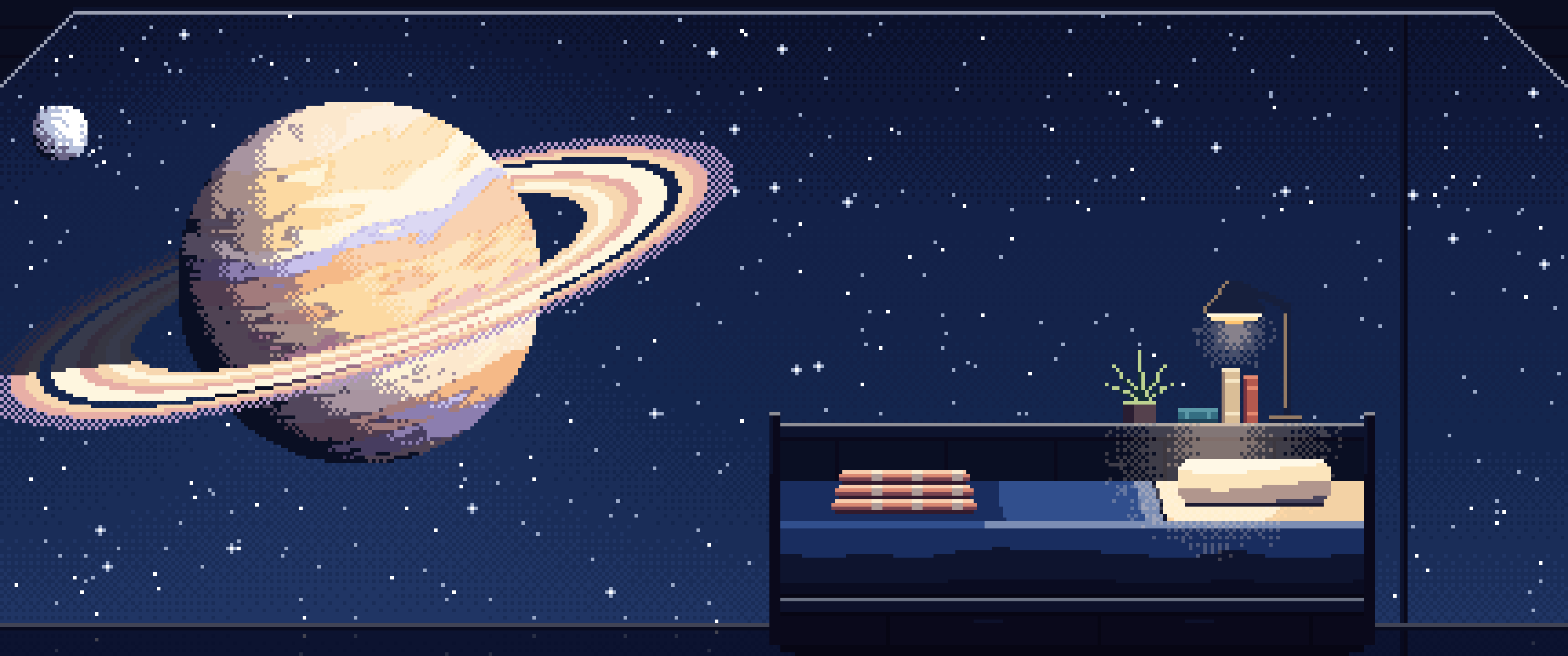 Navy Pixel Art Space Station Bedroom and a Ringed Planet ultrawide wallpaper, 3440 × 1440