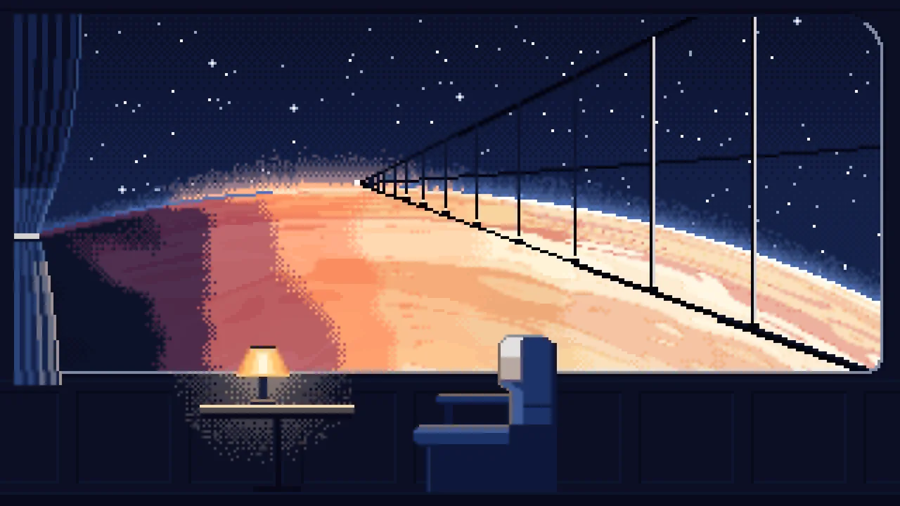 Navy Pixel Art Space Train Window Above a Planet desktop wallpaper in 4K